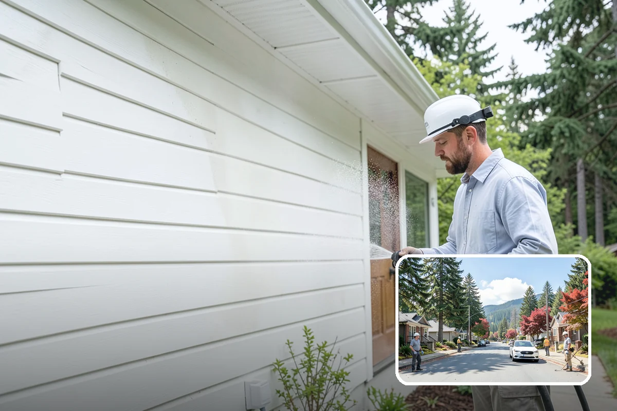 House Wash & Roof Cleaning Package in Hunts Point, King County, WA - Addresses the two fastest-greening surfaces in one trip