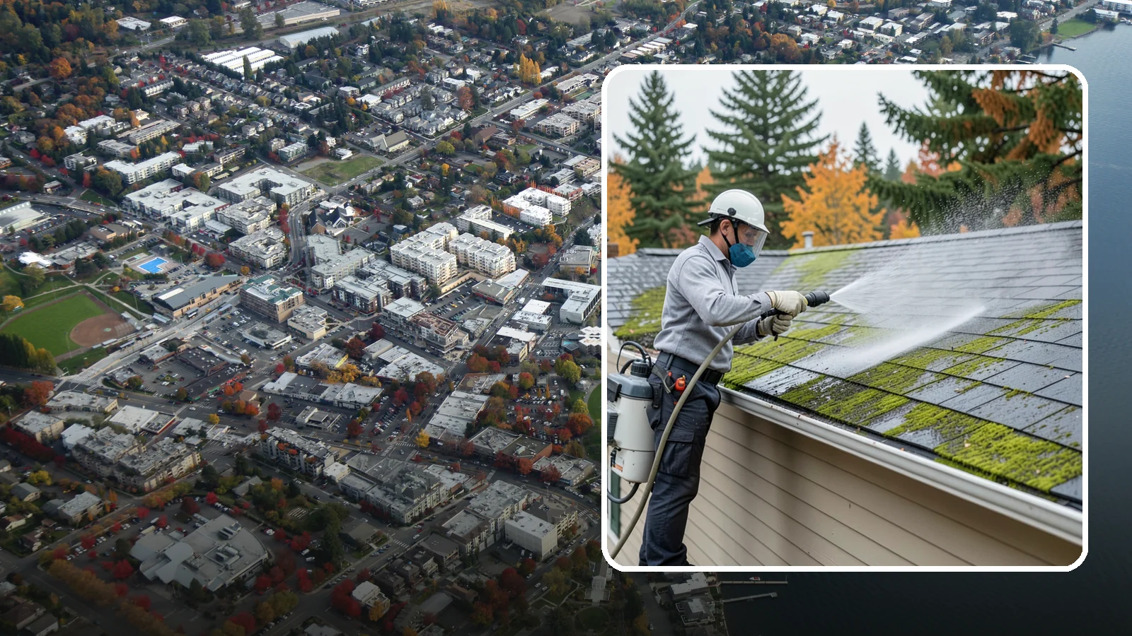 House Wash & Roof Cleaning Package in Kirkland, King County, WA - We combine a full house soft wash with a roof cleaning to tackle the two biggest algae targets on your Washington home in one...