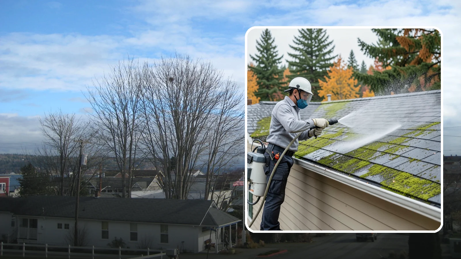 House Wash & Roof Cleaning Package in Langley, Island County, WA - We combine a full house soft wash with a roof cleaning to tackle the two biggest algae targets on your Washington home in one...