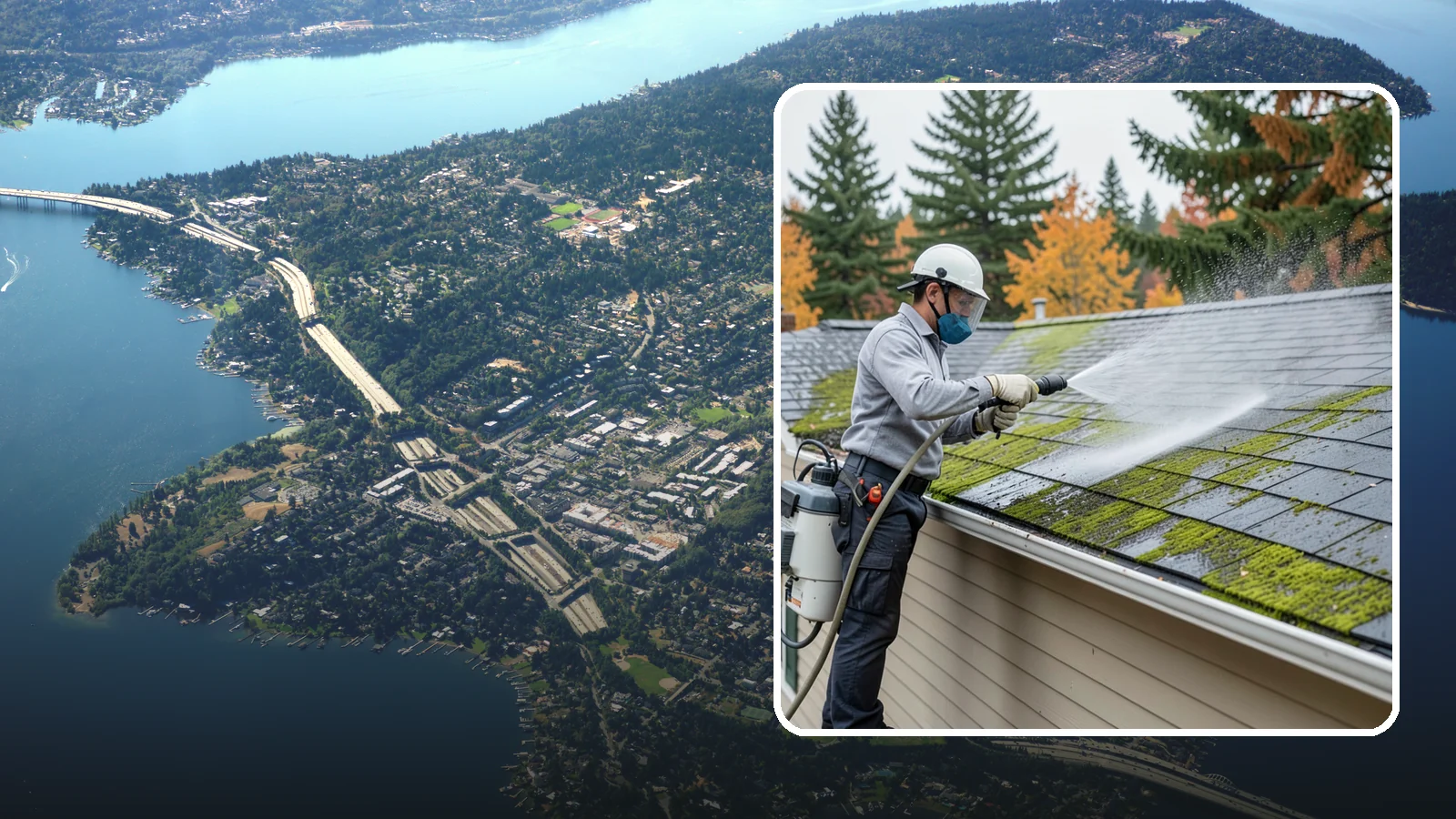 House Wash & Roof Cleaning Package in Mercer Island, King County, WA - We combine a full house soft wash with a roof cleaning to tackle the two biggest algae targets on your Washington home in one...
