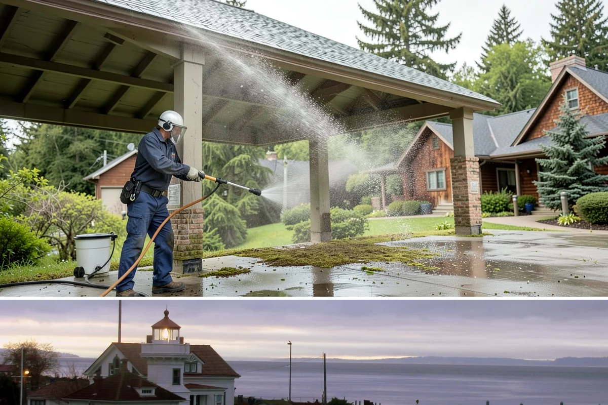 House Wash & Roof Cleaning Package in Mukilteo, Snohomish County, WA - Book this package in late spring or summer when a stretch of dry days lets both surfaces cure clean.