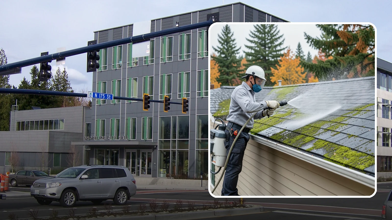House Wash & Roof Cleaning Package in Shoreline, King County, WA - We combine a full house soft wash with a roof cleaning to tackle the two biggest algae targets on your Washington home in one...