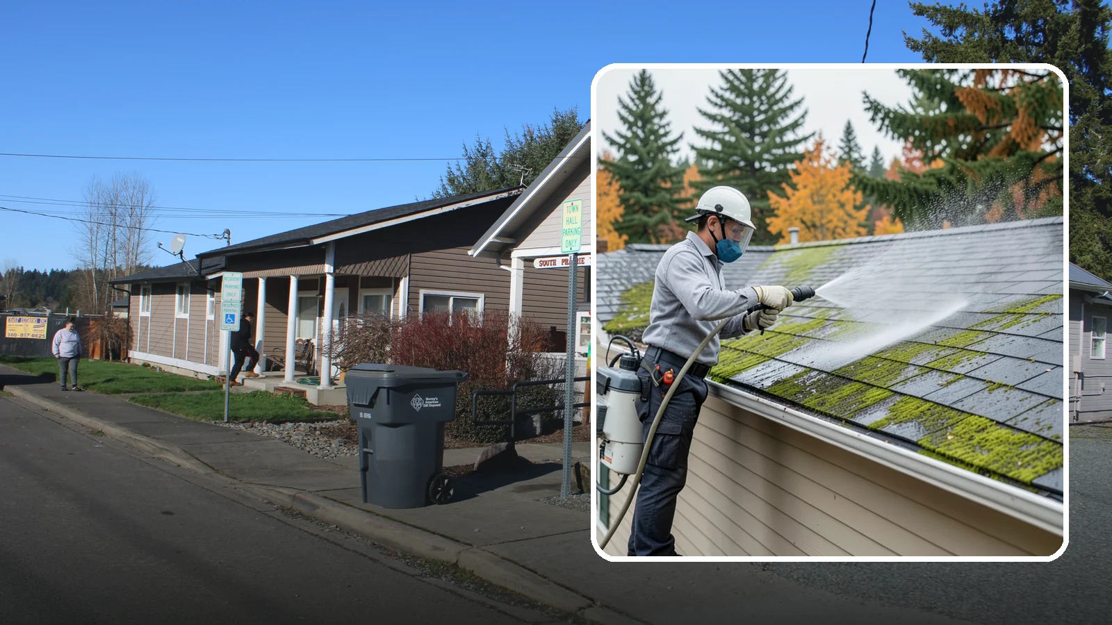 House Wash & Roof Cleaning Package in South Prairie, Pierce County, WA - We combine a full house soft wash with a roof cleaning to tackle the two biggest algae targets on your Washington home in one...