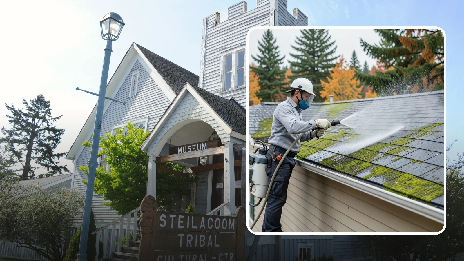 House Wash & Roof Cleaning Package in Steilacoom, Pierce County, WA - We combine a full house soft wash with a roof cleaning to tackle the two biggest algae targets on your Washington home in one...