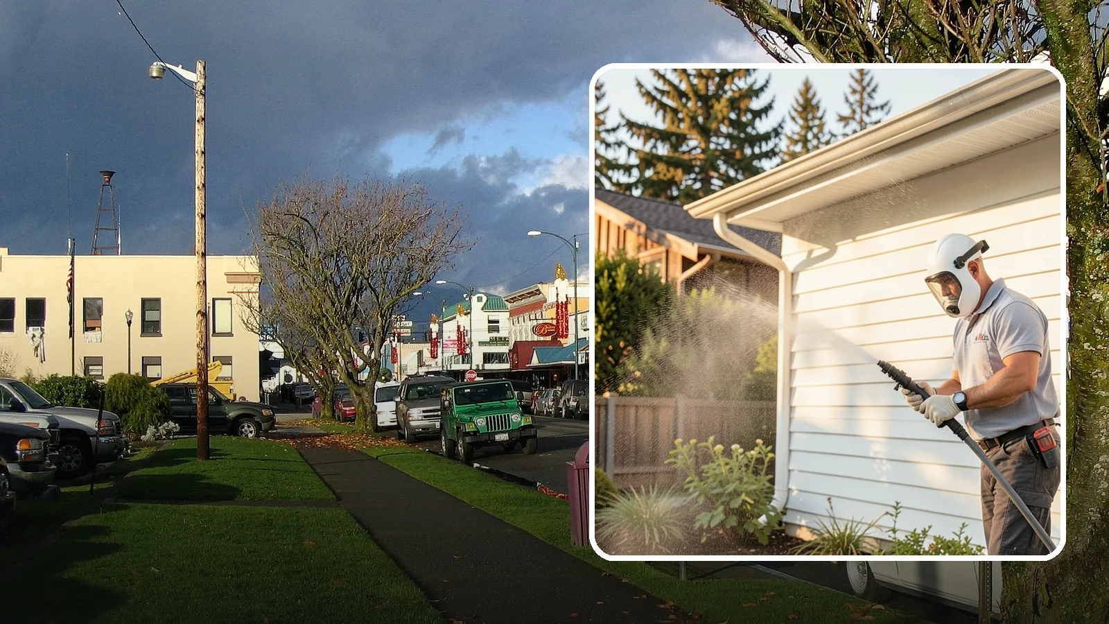 House Washing in Arlington, Snohomish County, WA - Our house washing lifts the green film, mildew, and grime that Western Washington's damp climate leaves on your siding.