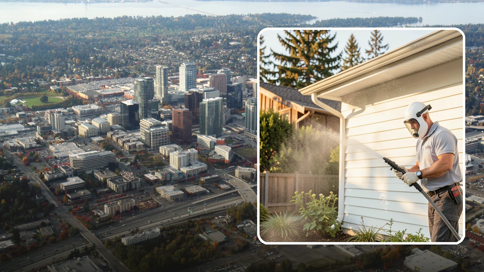 House Washing in Bellevue, King County, WA - Our house washing lifts the green film, mildew, and grime that Western Washington's damp climate leaves on your siding.