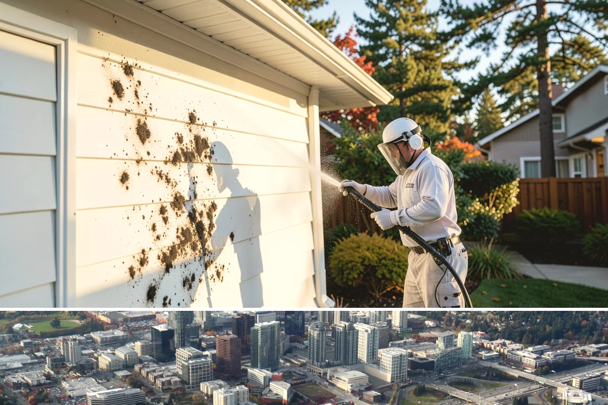 House Washing in Bellevue, King County, WA - Late spring through early fall gives the driest windows for treatment to dwell and dry properly before the next rain.