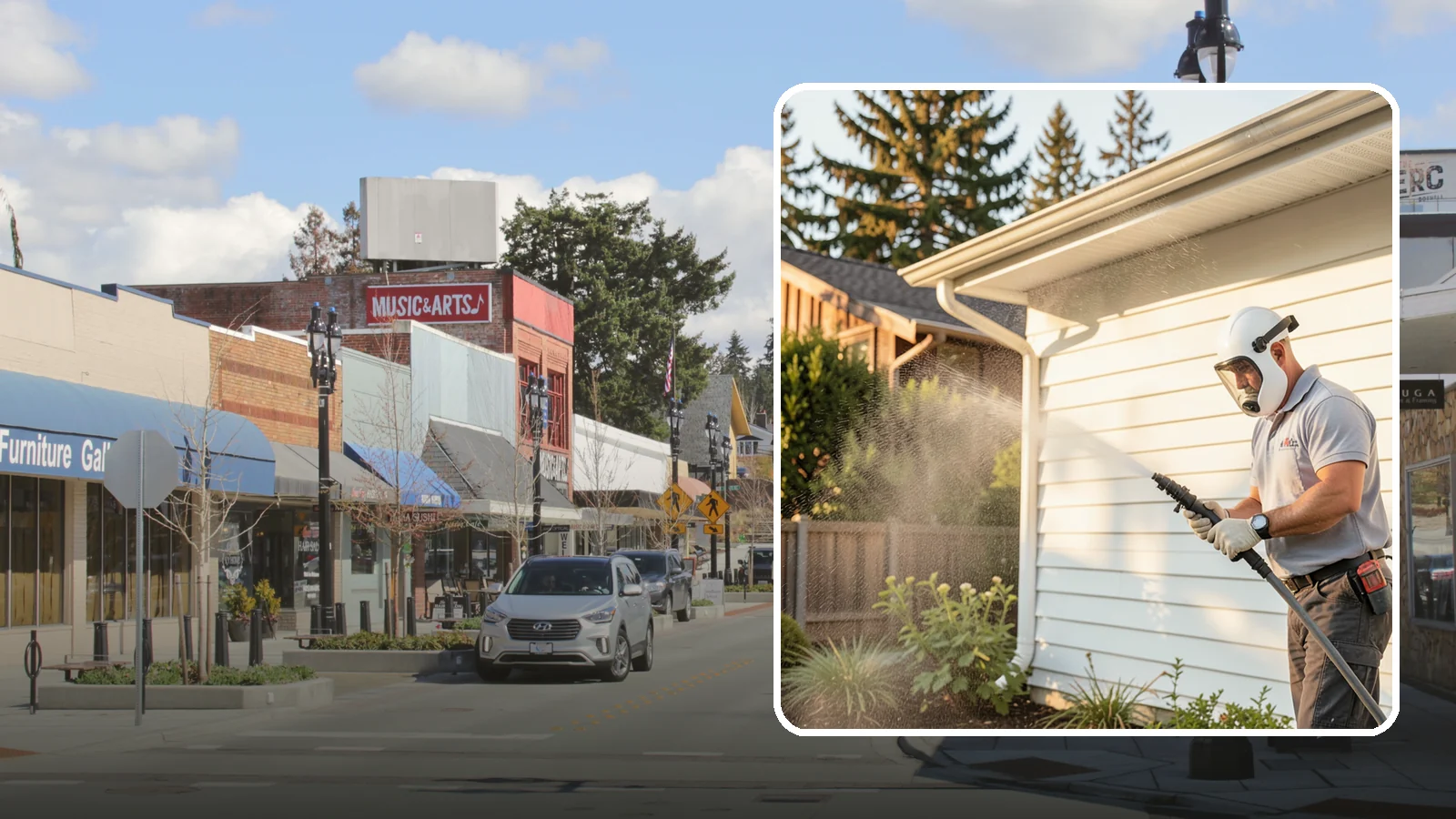 House Washing in Bothell, King County, WA - Our house washing lifts the green film, mildew, and grime that Western Washington's damp climate leaves on your siding.