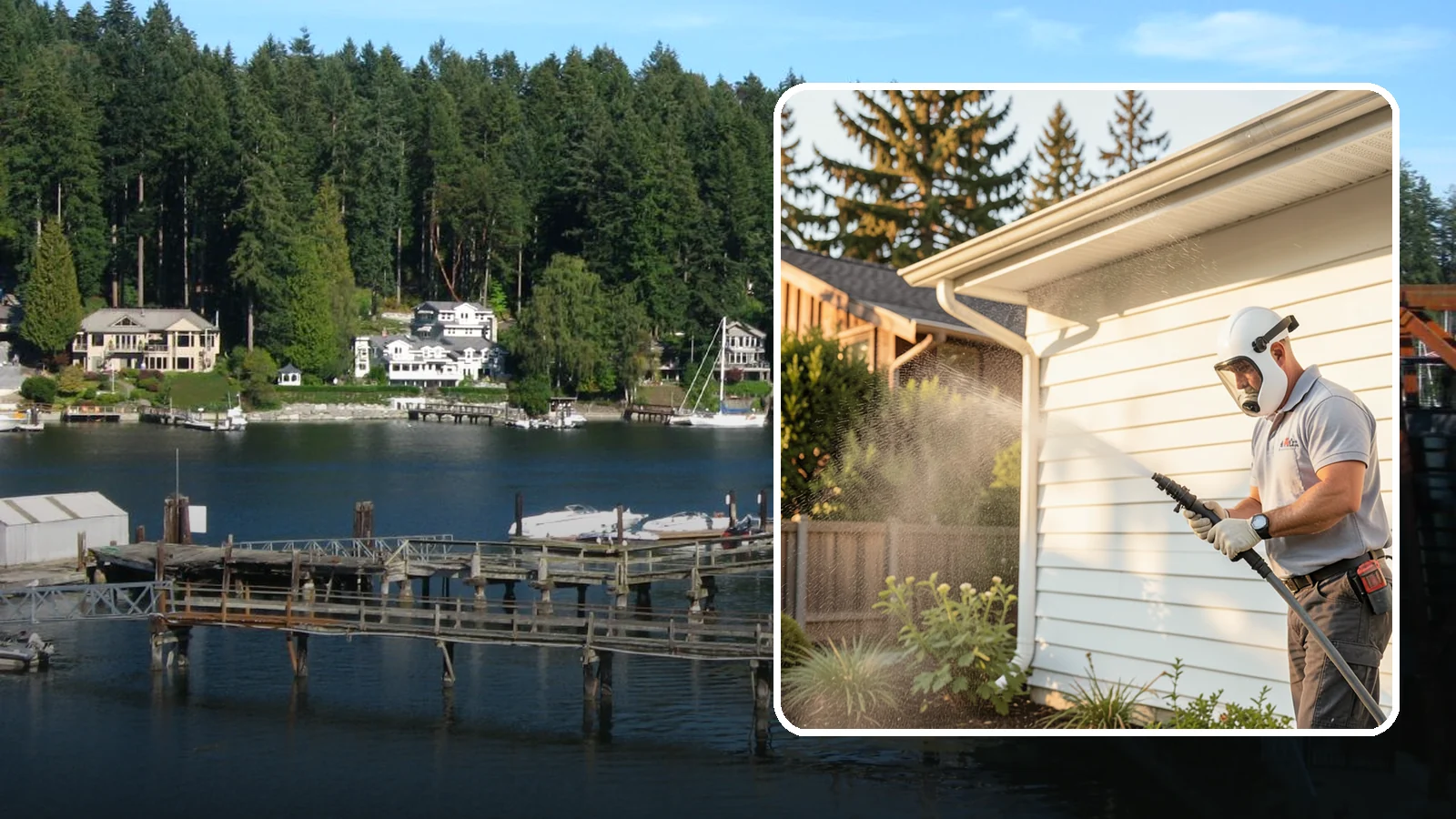 House Washing in Gig Harbor, Pierce County, WA - Our house washing lifts the green film, mildew, and grime that Western Washington's damp climate leaves on your siding.