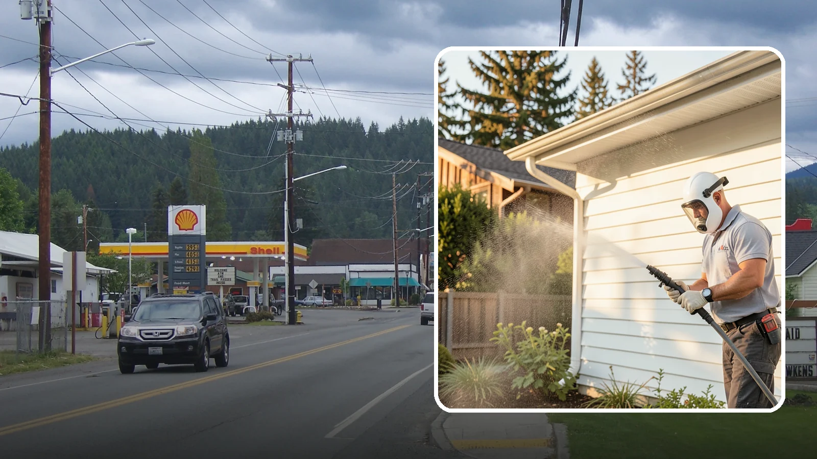 House Washing in Granite Falls, Snohomish County, WA - Our house washing lifts the green film, mildew, and grime that Western Washington's damp climate leaves on your siding.