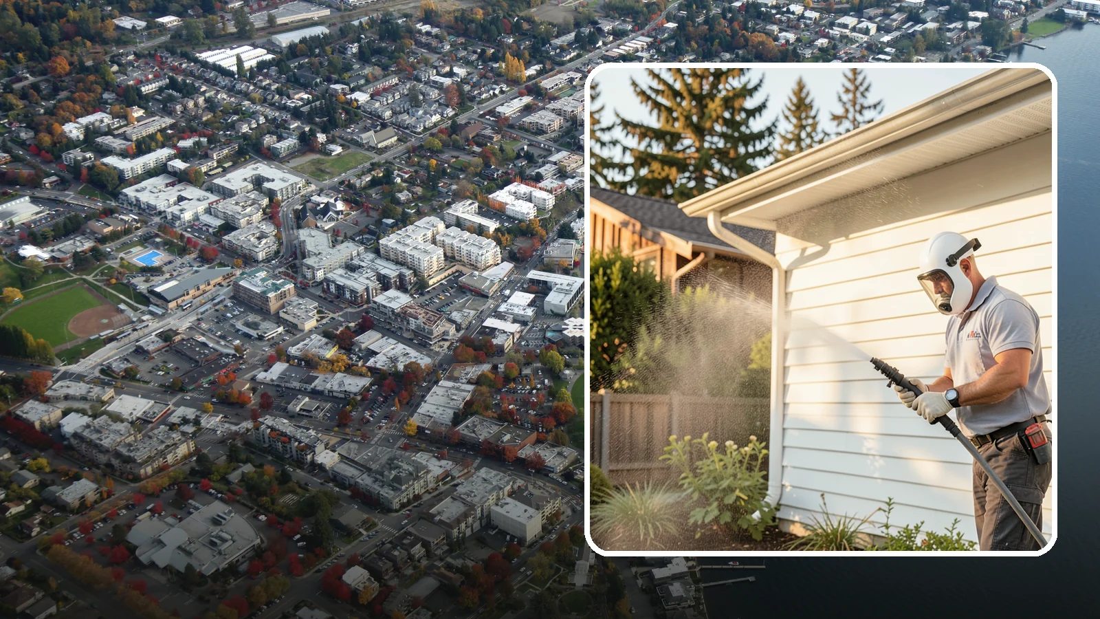House Washing in Kirkland, King County, WA - Our house washing lifts the green film, mildew, and grime that Western Washington's damp climate leaves on your siding.