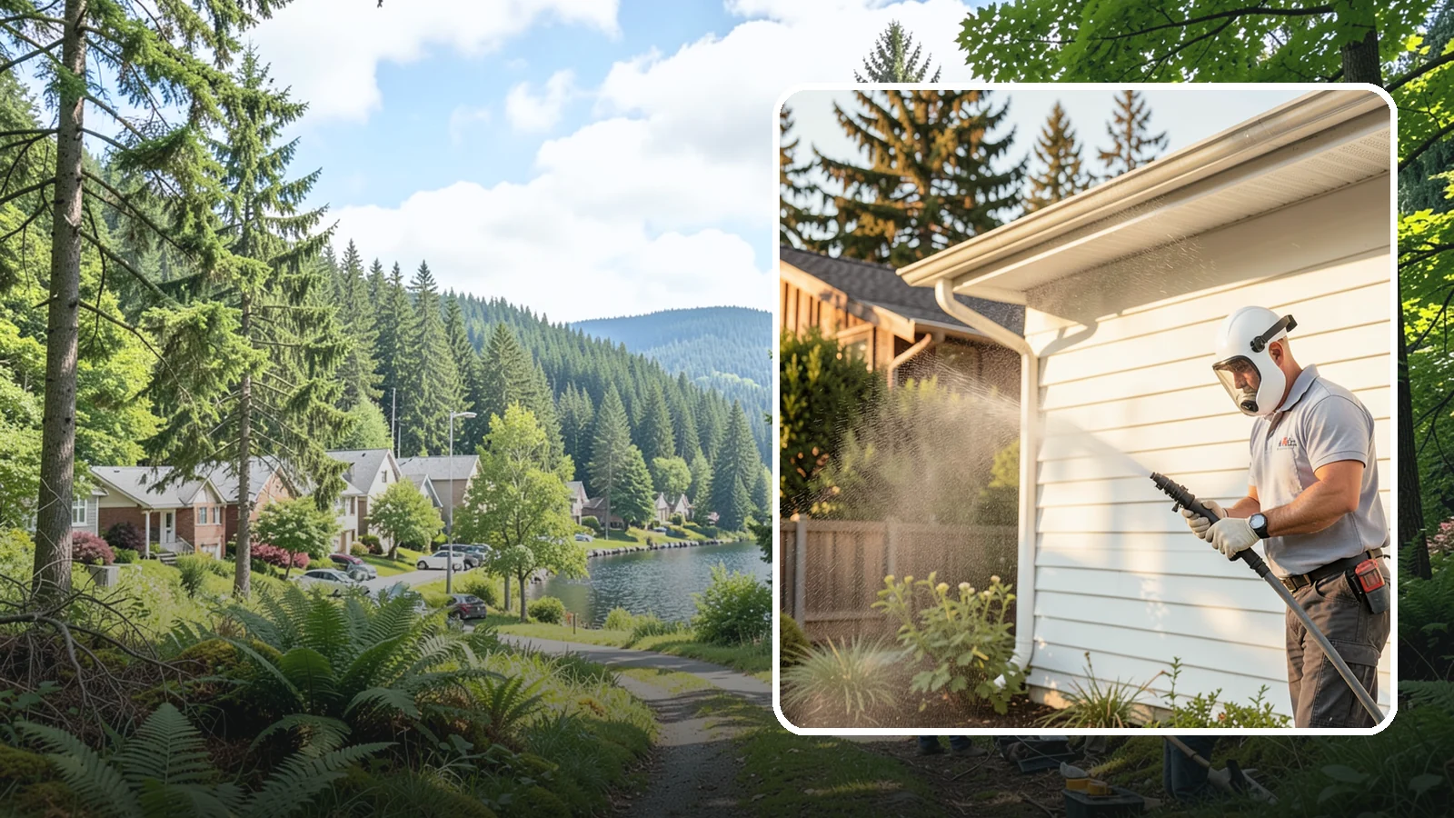 House Washing in Lake Forest Park, King County, WA - Our house washing lifts the green film, mildew, and grime that Western Washington's damp climate leaves on your siding.