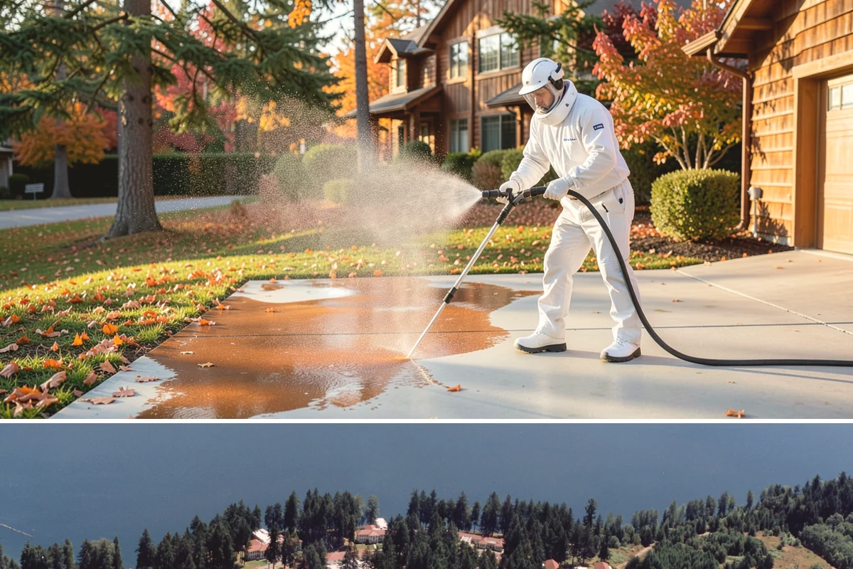 House Washing in Lakewood, Pierce County, WA - Late spring through early fall gives the driest windows for treatment to dwell and dry properly before the next rain.