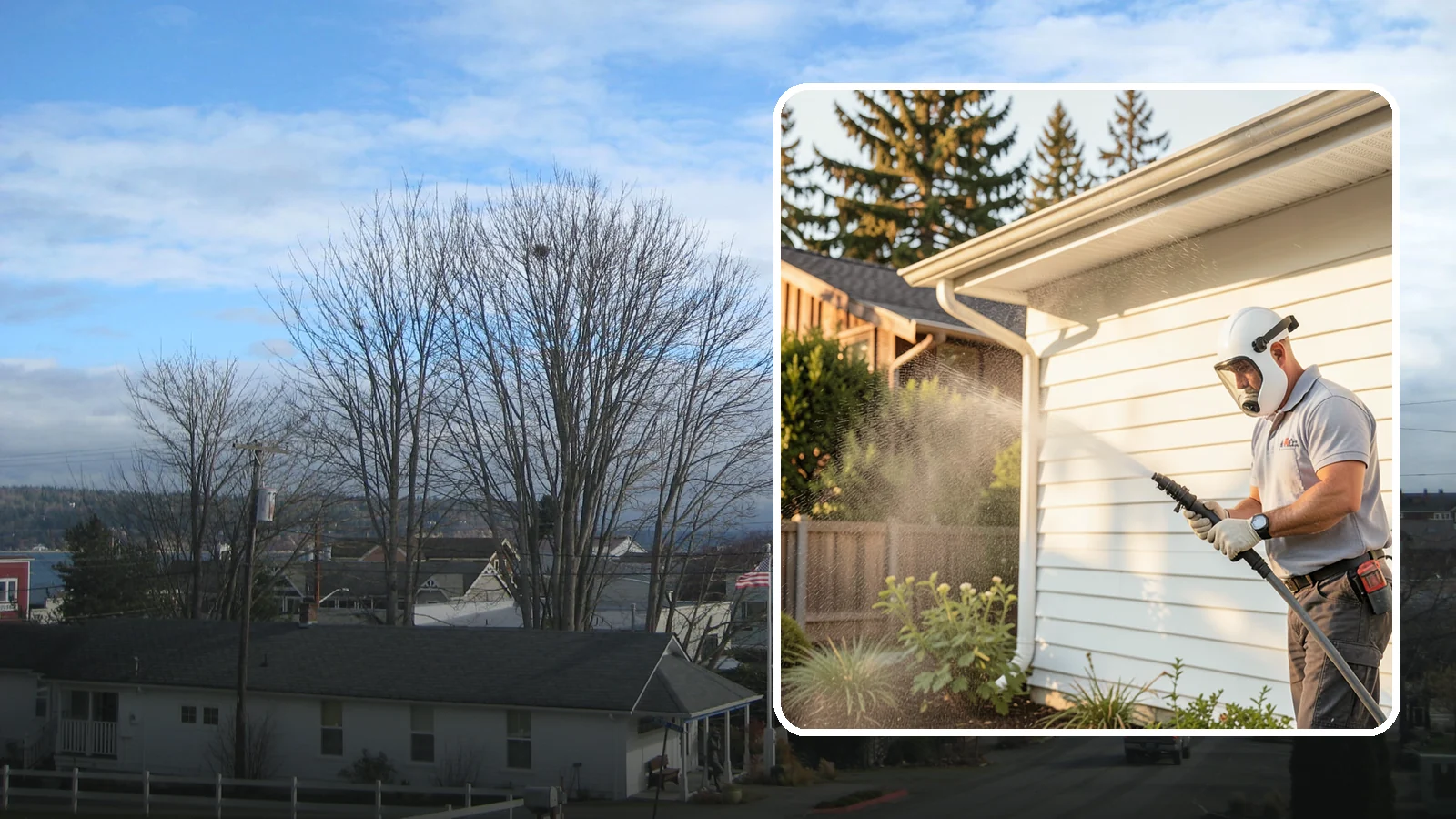 House Washing in Langley, Island County, WA - Our house washing lifts the green film, mildew, and grime that Western Washington's damp climate leaves on your siding.