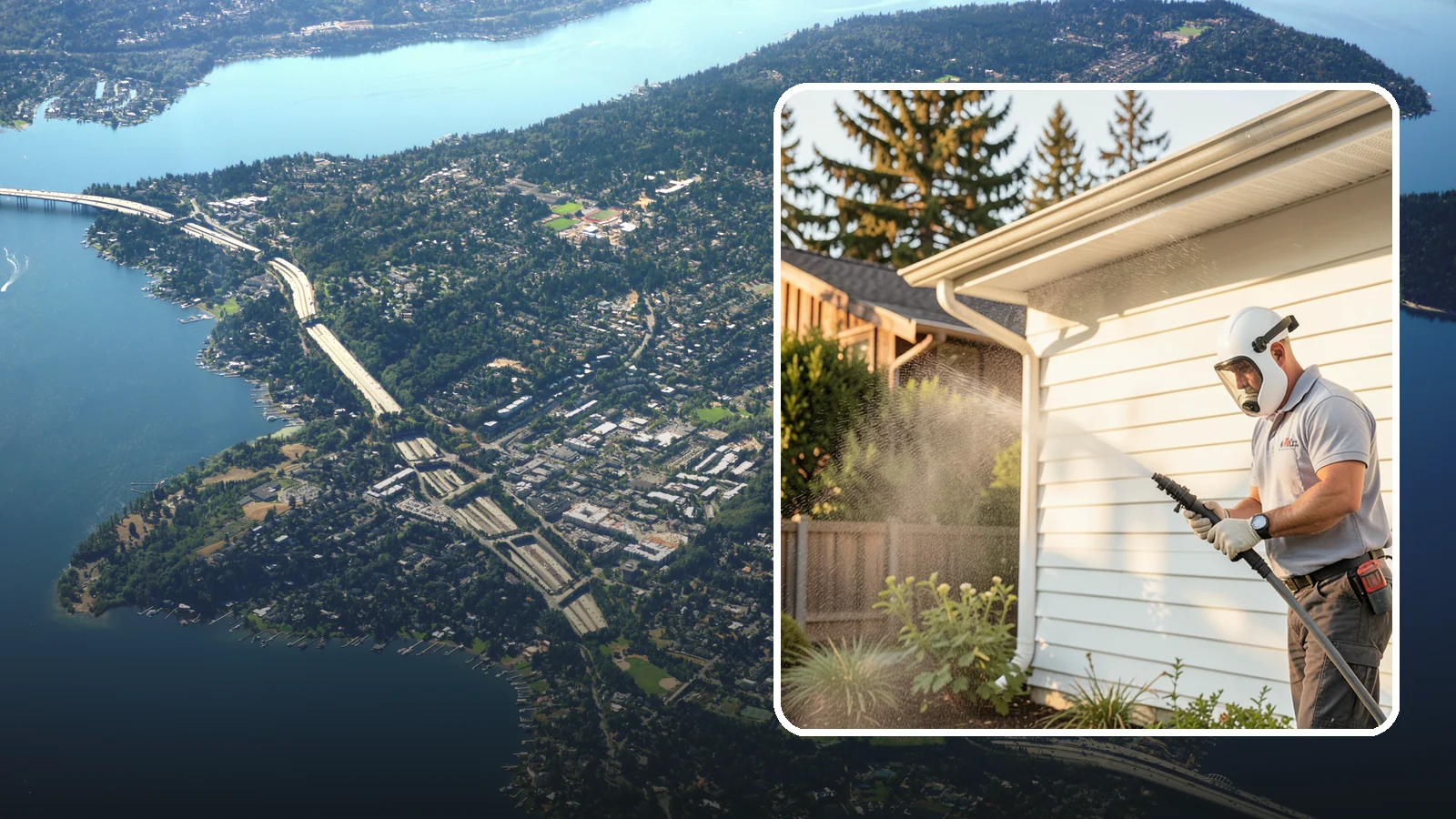 House Washing in Mercer Island, King County, WA - Our house washing lifts the green film, mildew, and grime that Western Washington's damp climate leaves on your siding.