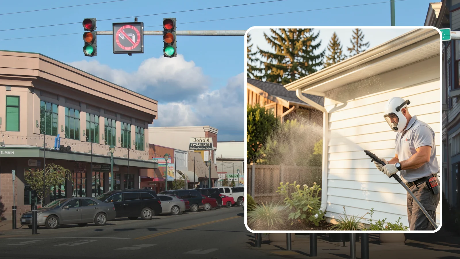House Washing in Monroe, Snohomish County, WA - Our house washing lifts the green film, mildew, and grime that Western Washington's damp climate leaves on your siding.