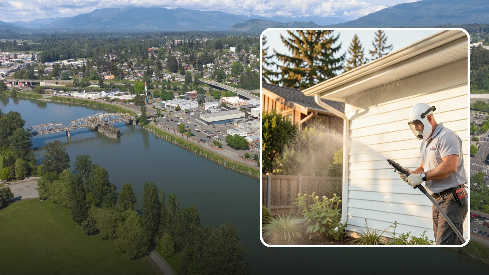 House Washing in Mount Vernon, Skagit County, WA - Our house washing lifts the green film, mildew, and grime that Western Washington's damp climate leaves on your siding.