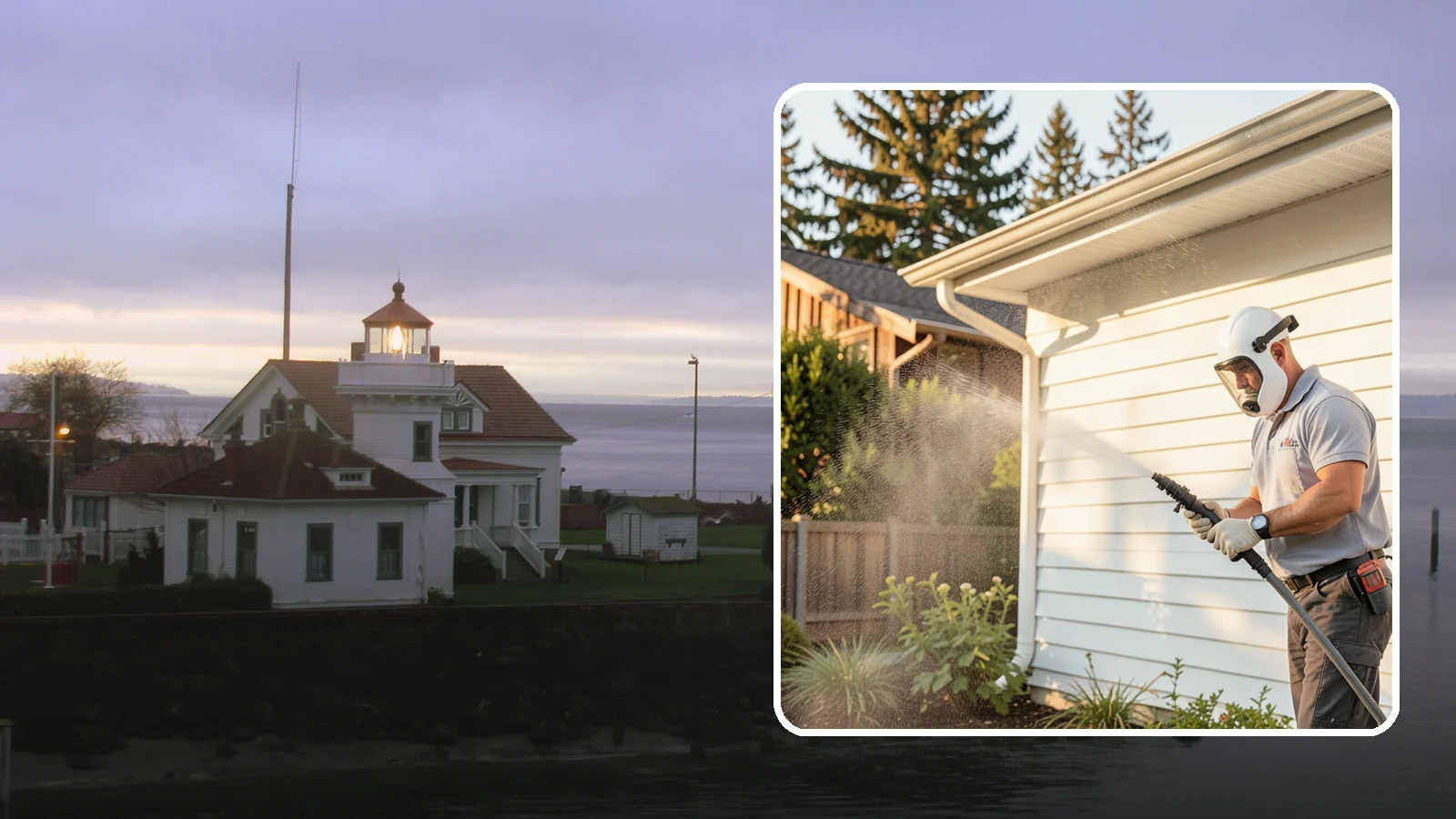 House Washing in Mukilteo, Snohomish County, WA - Our house washing lifts the green film, mildew, and grime that Western Washington's damp climate leaves on your siding.