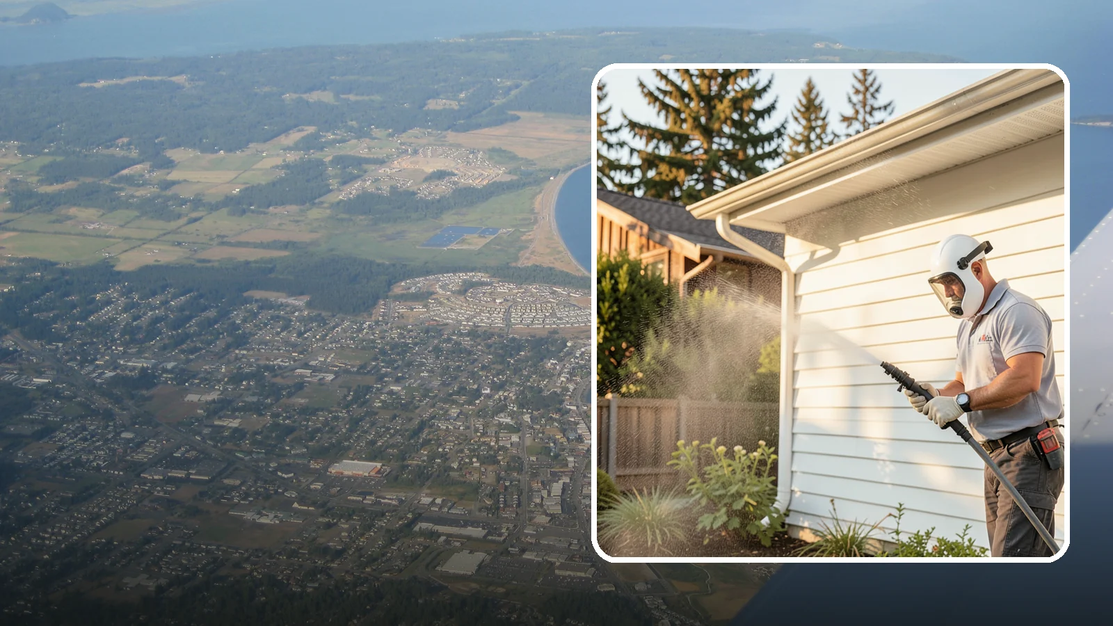 House Washing in Oak Harbor, Island County, WA - Our house washing lifts the green film, mildew, and grime that Western Washington's damp climate leaves on your siding.