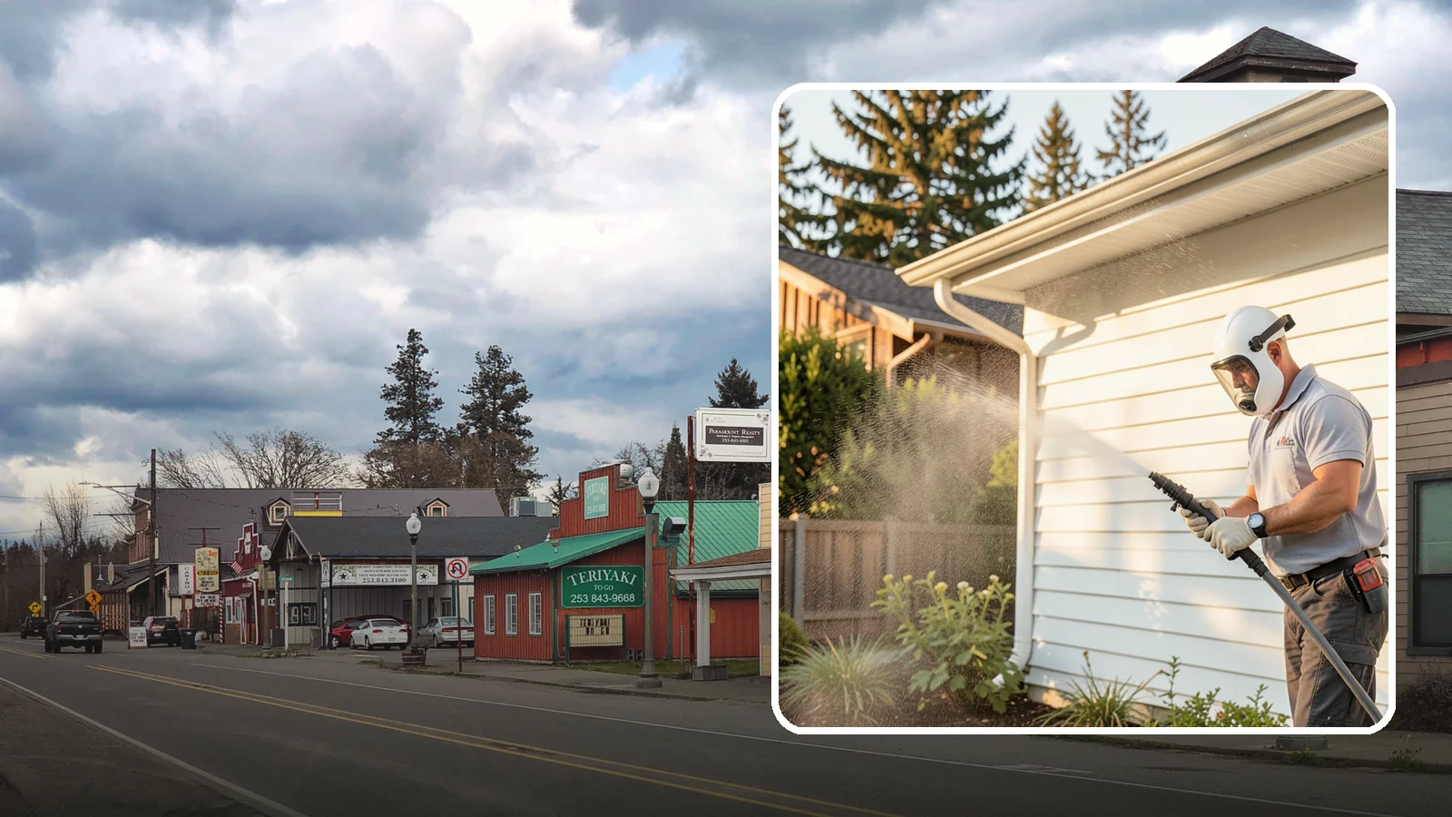 House Washing in Roy, Pierce County, WA - Our house washing lifts the green film, mildew, and grime that Western Washington's damp climate leaves on your siding.
