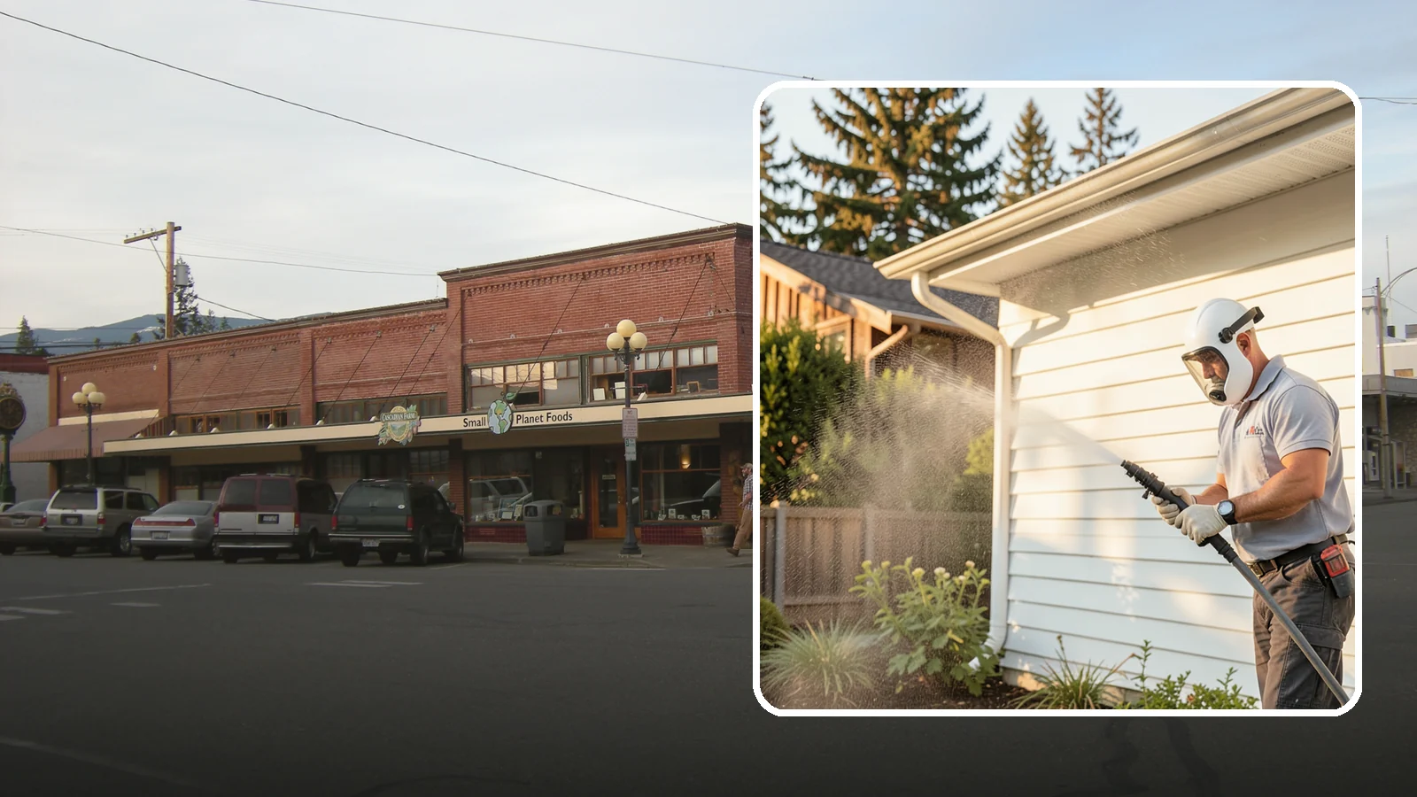 House Washing in Sedro-Woolley, Skagit County, WA - Our house washing lifts the green film, mildew, and grime that Western Washington's damp climate leaves on your siding.