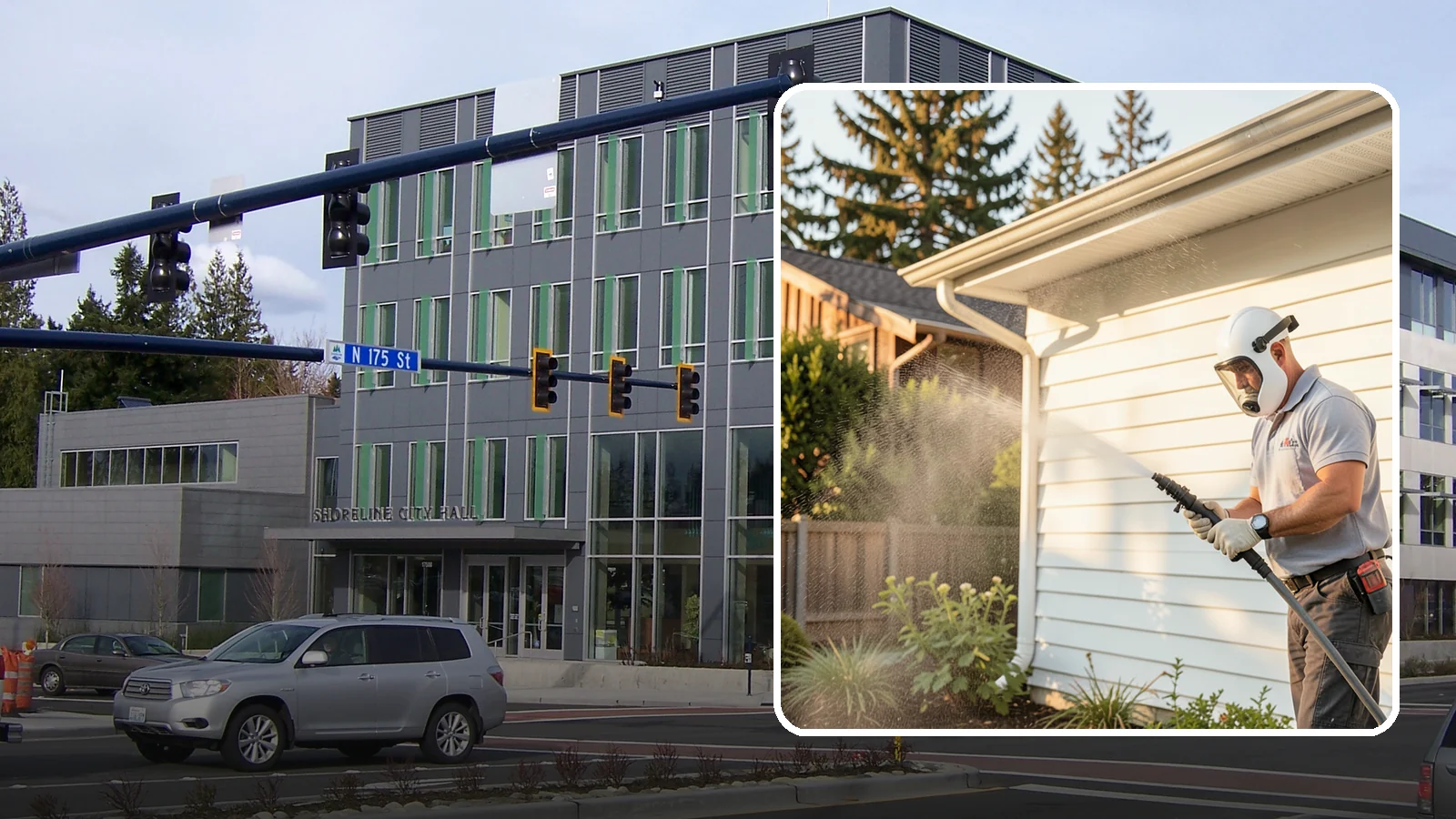 House Washing in Shoreline, King County, WA - Our house washing lifts the green film, mildew, and grime that Western Washington's damp climate leaves on your siding.