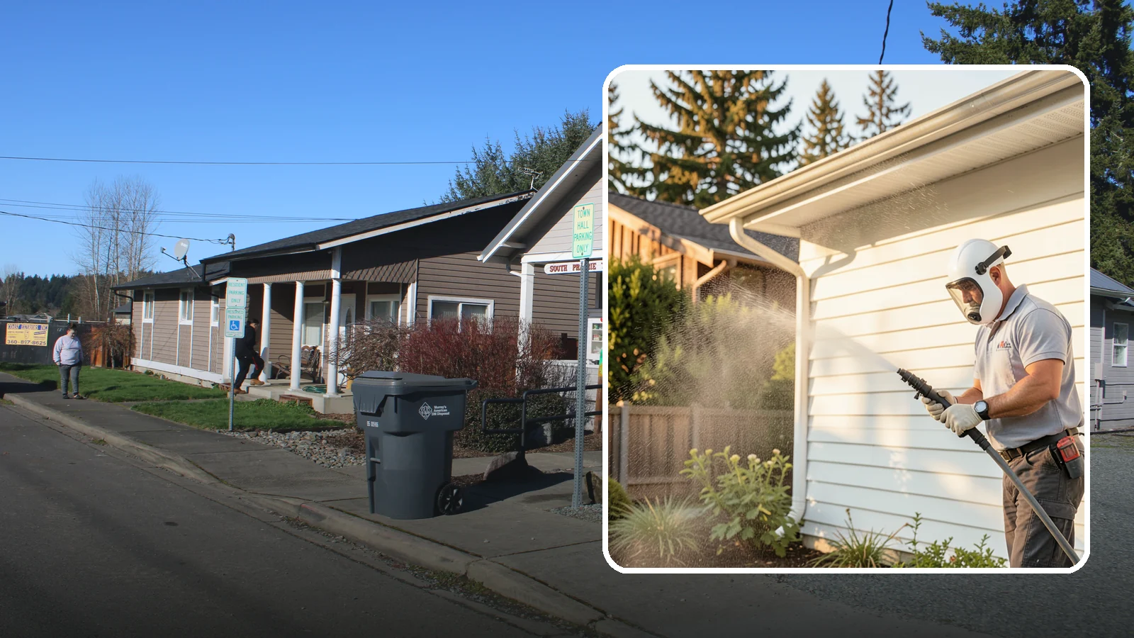 House Washing in South Prairie, Pierce County, WA - Our house washing lifts the green film, mildew, and grime that Western Washington's damp climate leaves on your siding.