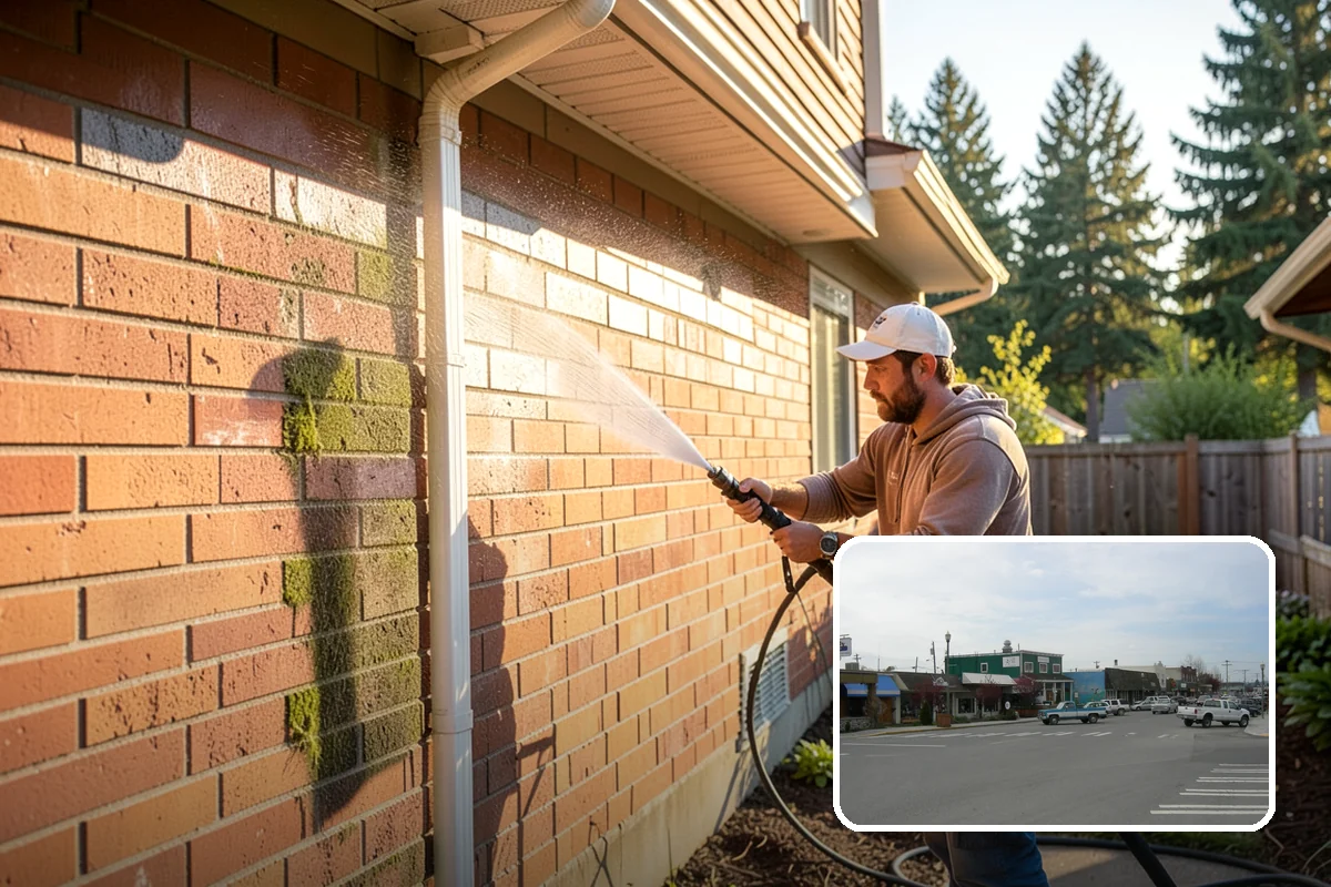 House Washing in Stanwood, Snohomish County, WA - Removes the tell-tale green sheen that shade and moisture create