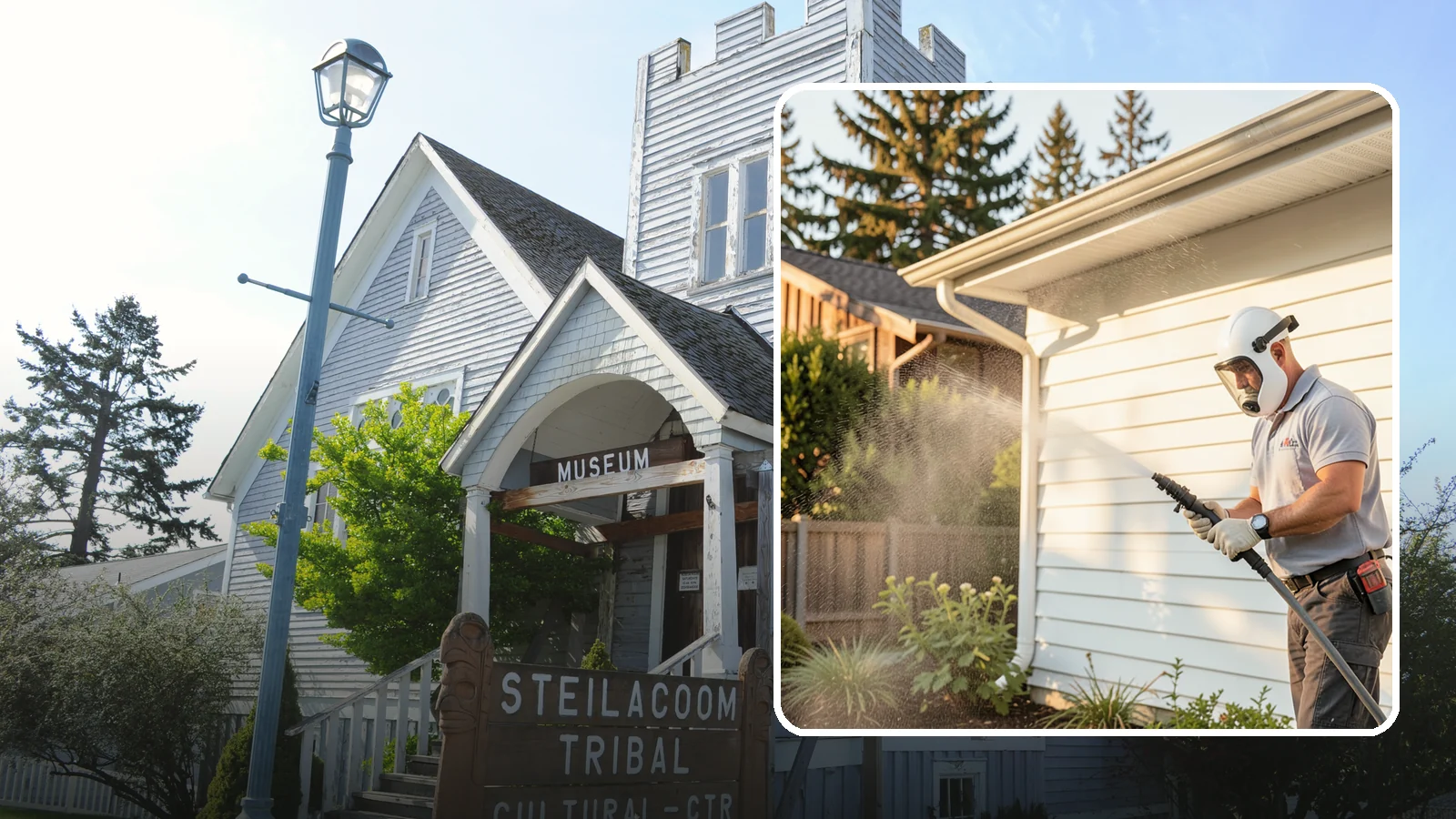 House Washing in Steilacoom, Pierce County, WA - Our house washing lifts the green film, mildew, and grime that Western Washington's damp climate leaves on your siding.
