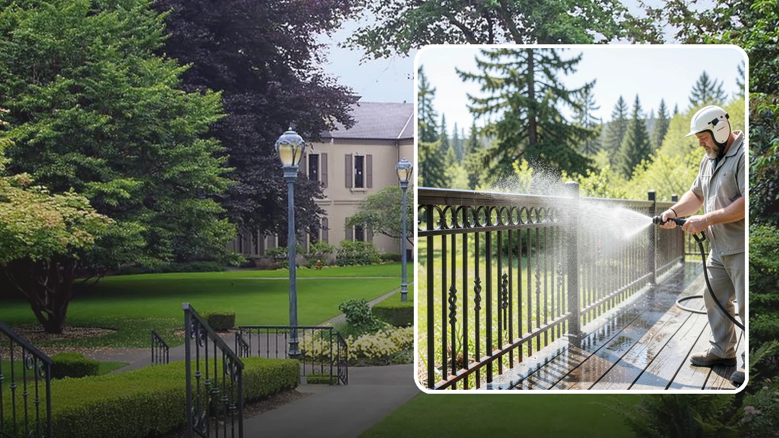 Iron Fence Washing in Woodinville, King County, WA - Careful washing for wrought and cast iron fencing that removes grime and surface rust streaks without driving water into the...