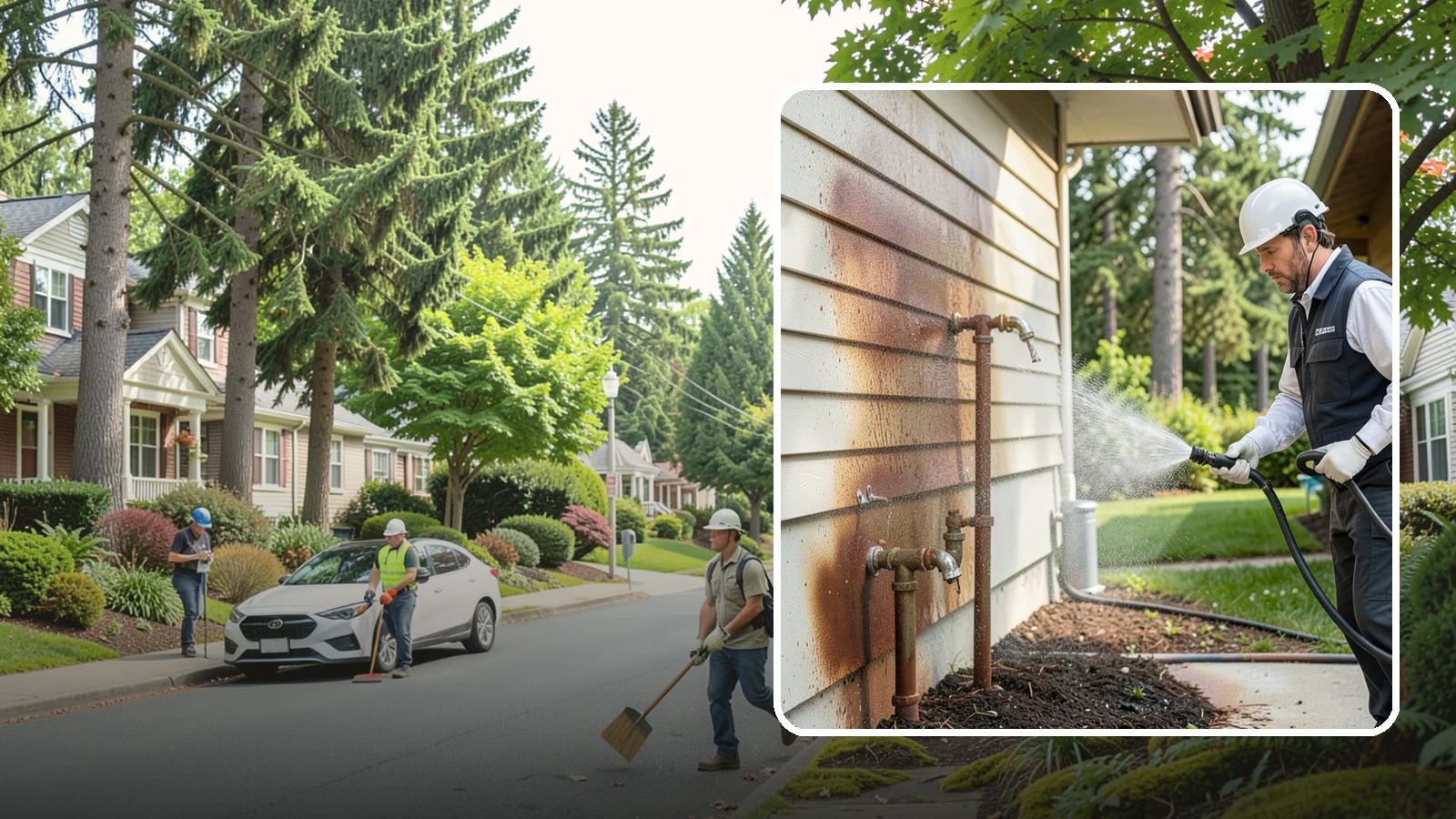 Irrigation Rust Removal in Beaux Arts Village, King County, WA - Removal of rust stains left by sprinklers and iron-rich well water on concrete, siding, and fencing.