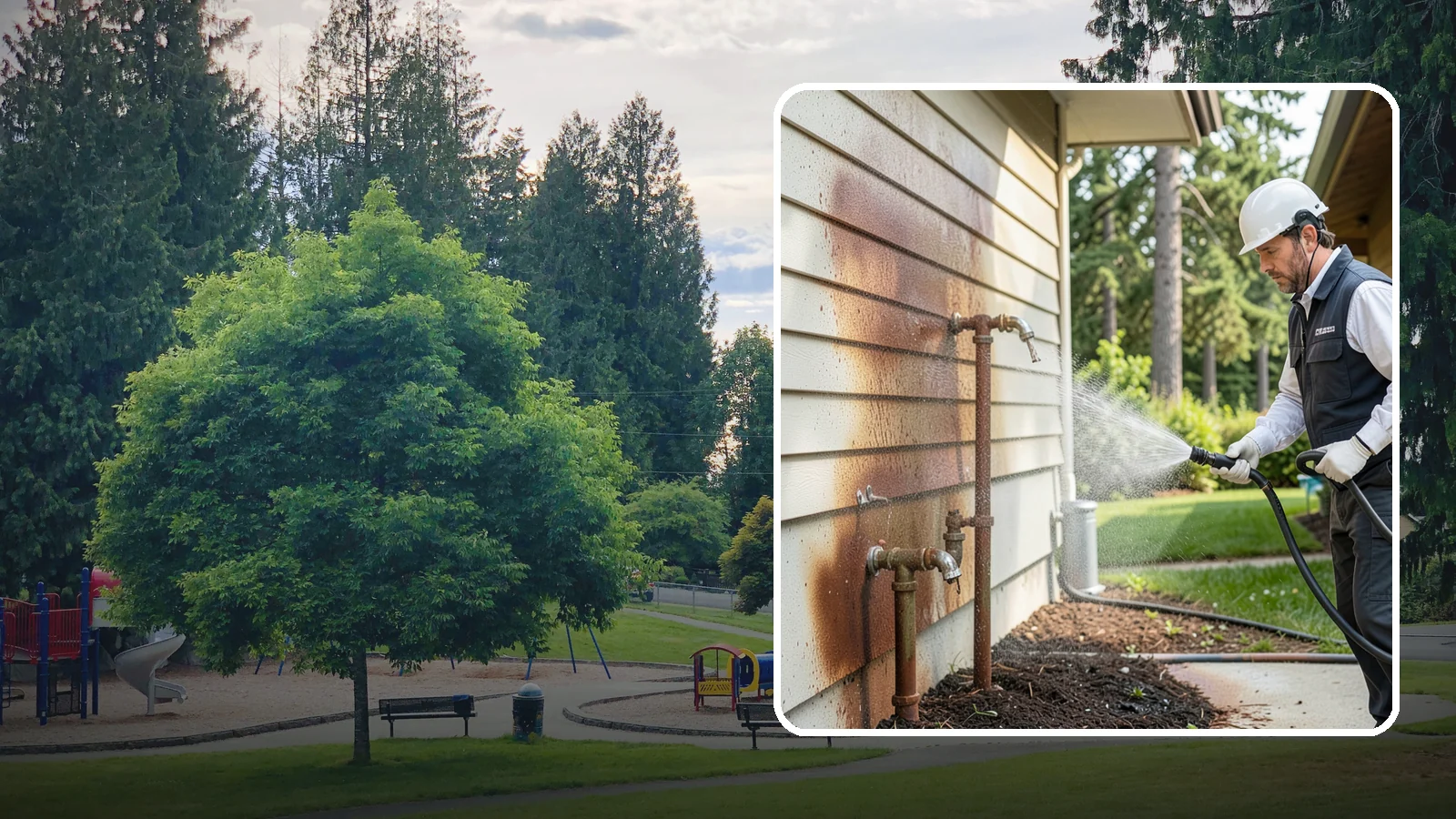 Irrigation Rust Removal in Bonney Lake, Pierce County, WA - Removal of rust stains left by sprinklers and iron-rich well water on concrete, siding, and fencing.