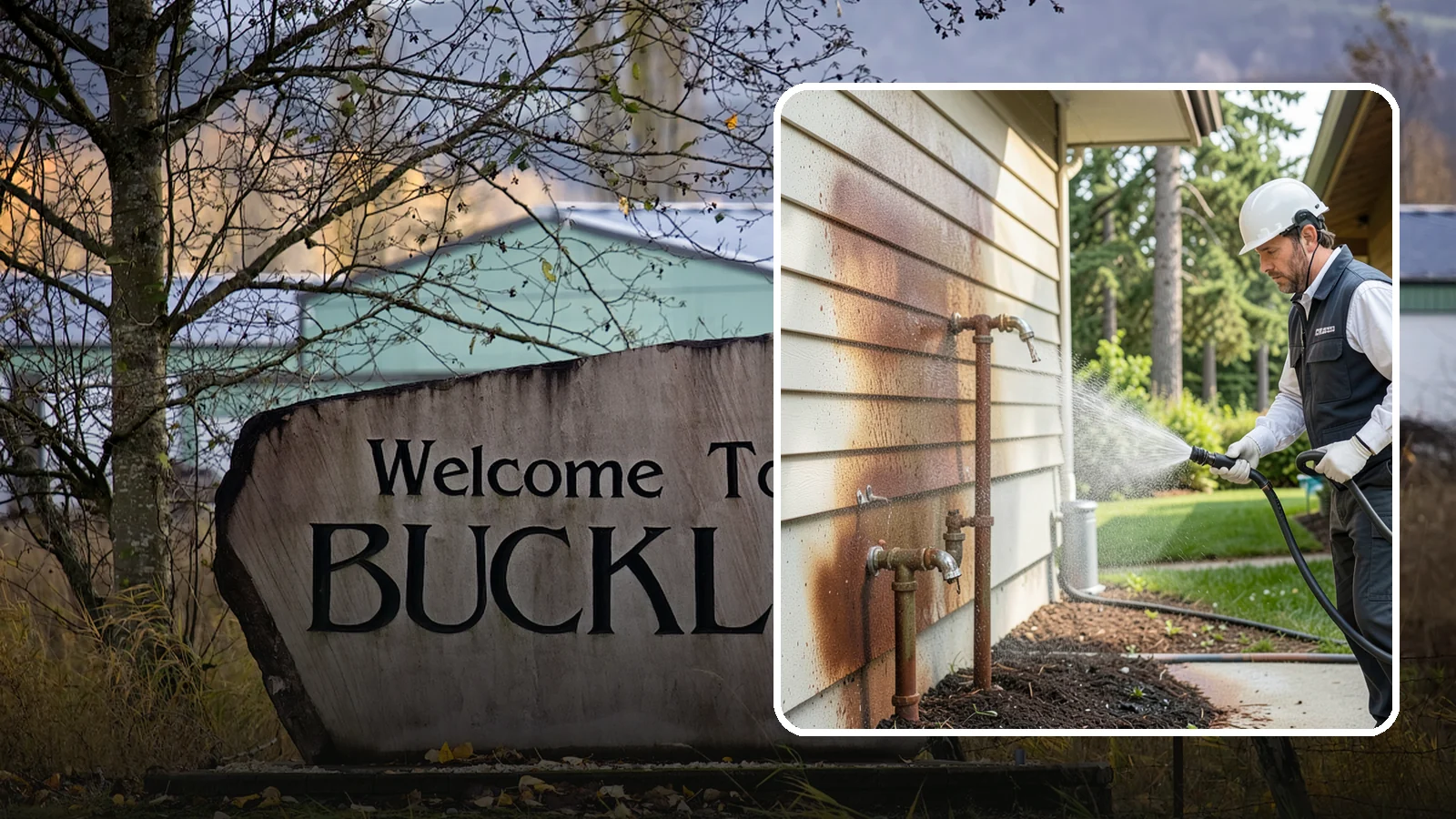 Irrigation Rust Removal in Buckley, Pierce County, WA - Removal of rust stains left by sprinklers and iron-rich well water on concrete, siding, and fencing.