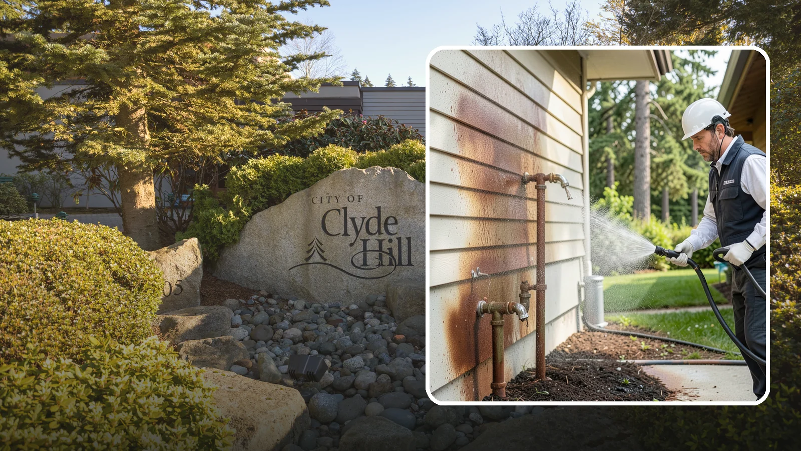 Irrigation Rust Removal in Clyde Hill, King County, WA - Removal of rust stains left by sprinklers and iron-rich well water on concrete, siding, and fencing.