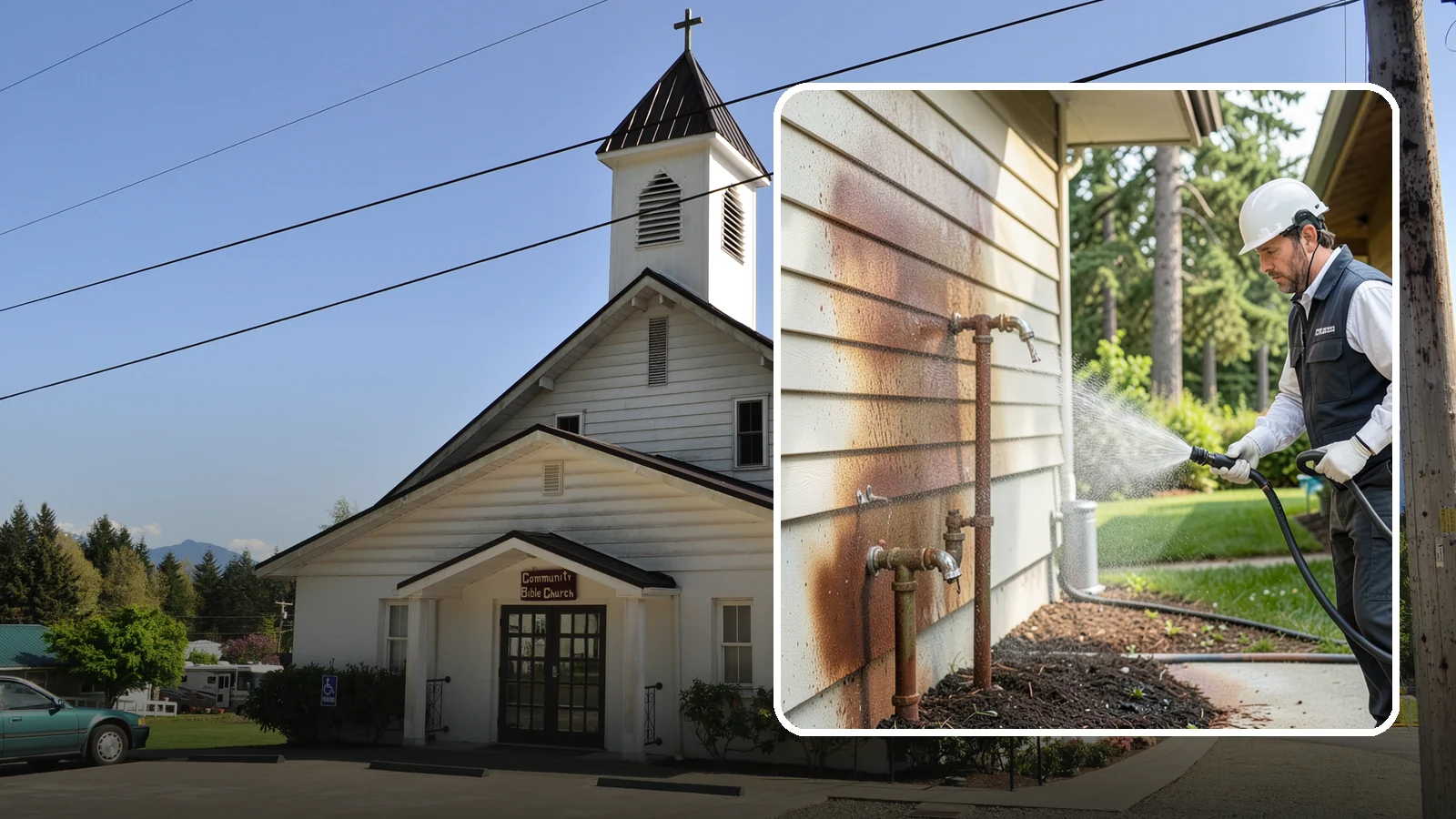 Irrigation Rust Removal in Concrete, Skagit County, WA - Removal of rust stains left by sprinklers and iron-rich well water on concrete, siding, and fencing.