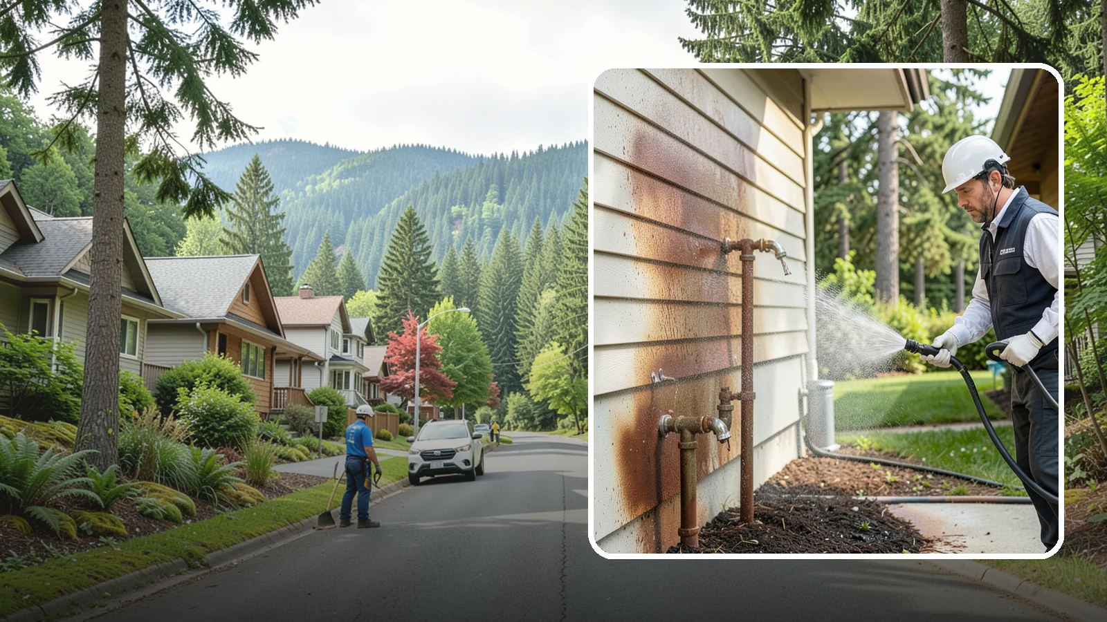 Irrigation Rust Removal in Darrington, Snohomish County, WA - Removal of rust stains left by sprinklers and iron-rich well water on concrete, siding, and fencing.