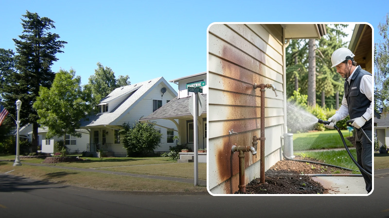 Irrigation Rust Removal in DuPont, Pierce County, WA - Removal of rust stains left by sprinklers and iron-rich well water on concrete, siding, and fencing.