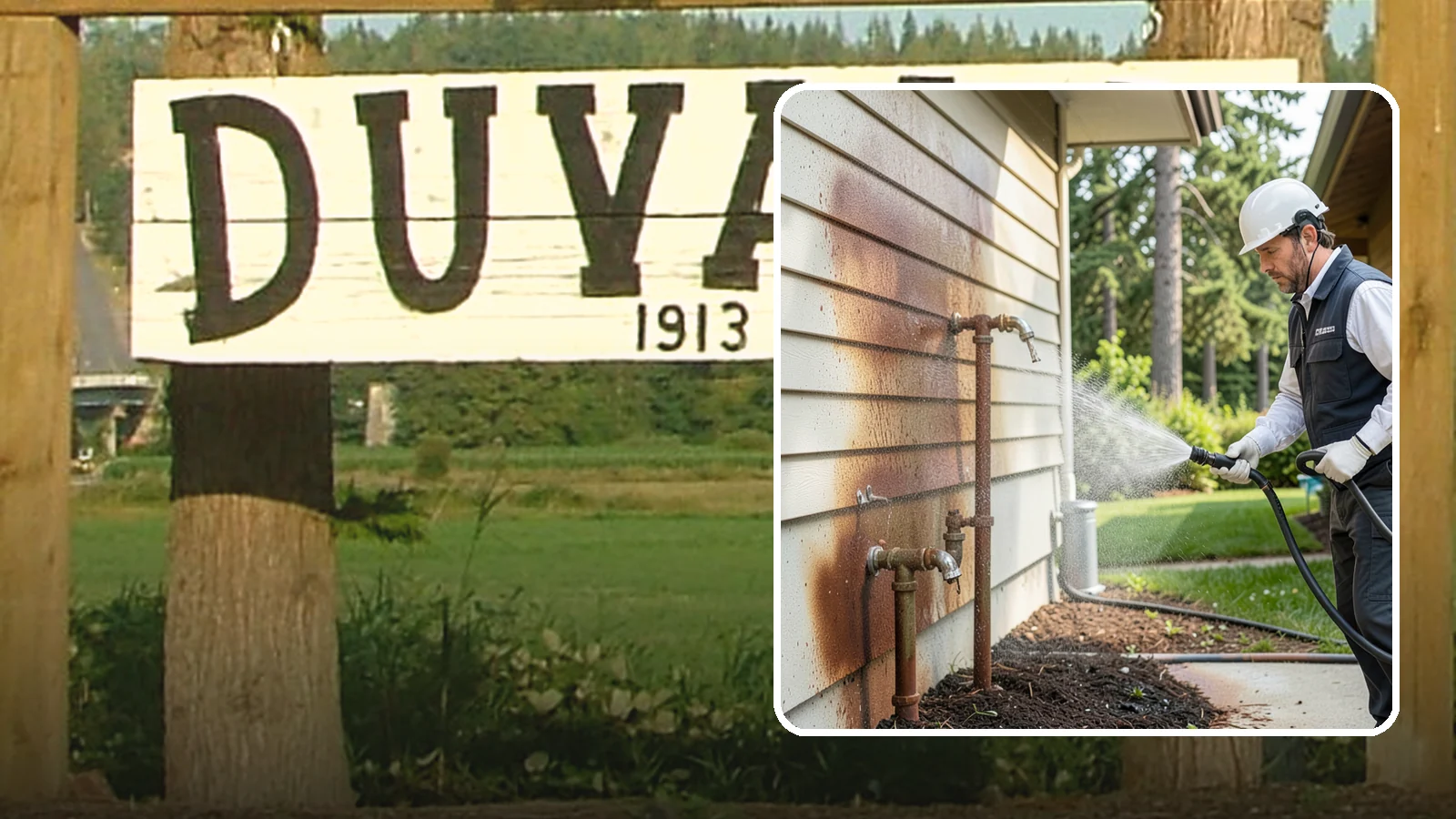 Irrigation Rust Removal in Duvall, King County, WA - Removal of rust stains left by sprinklers and iron-rich well water on concrete, siding, and fencing.