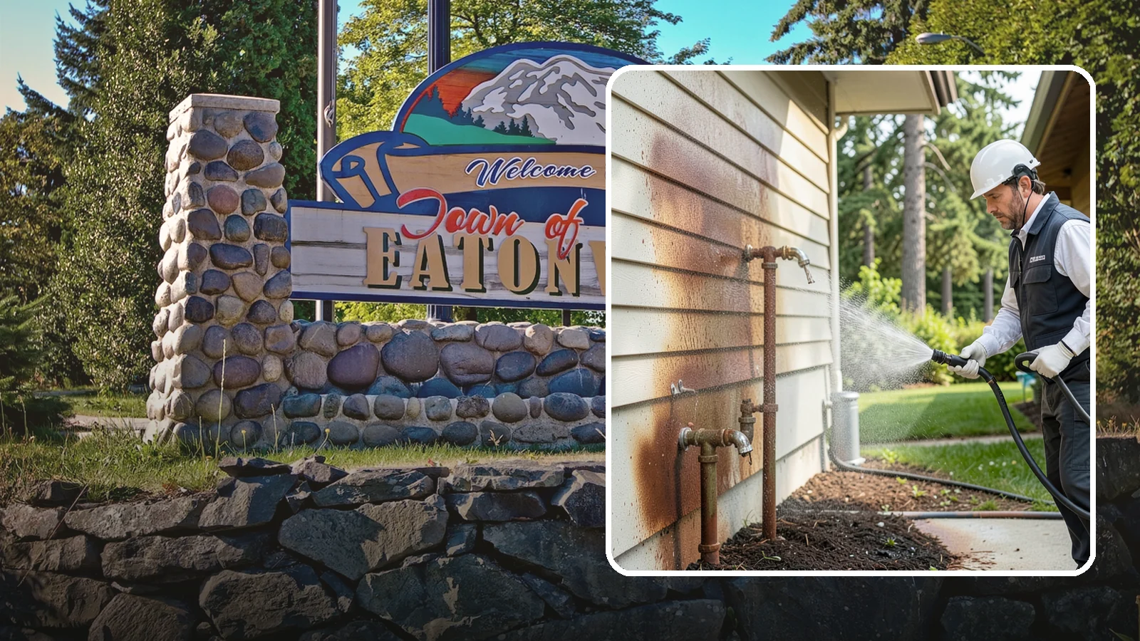 Irrigation Rust Removal in Eatonville, Pierce County, WA - Removal of rust stains left by sprinklers and iron-rich well water on concrete, siding, and fencing.