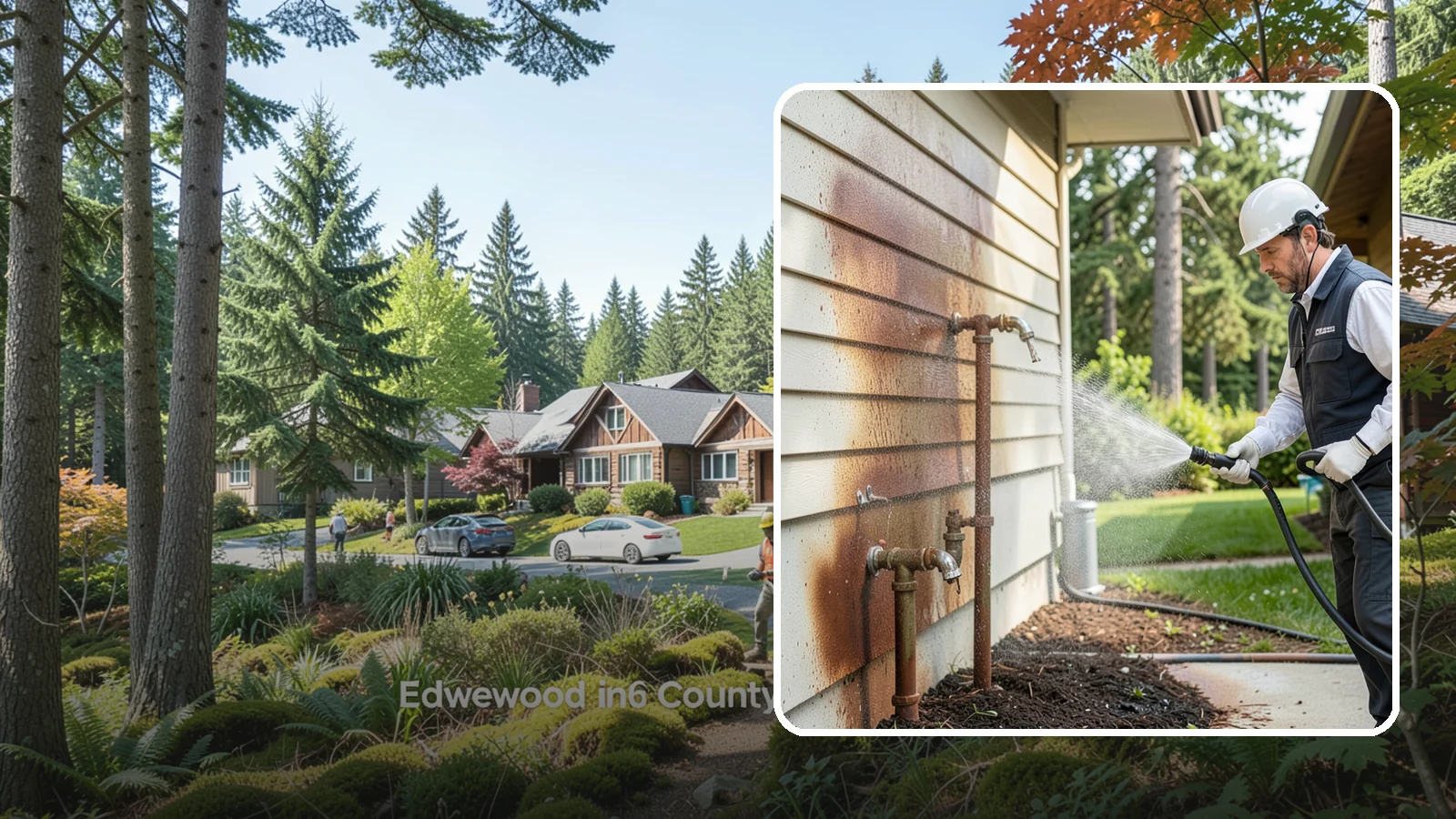 Irrigation Rust Removal in Edgewood, Pierce County, WA - Removal of rust stains left by sprinklers and iron-rich well water on concrete, siding, and fencing.