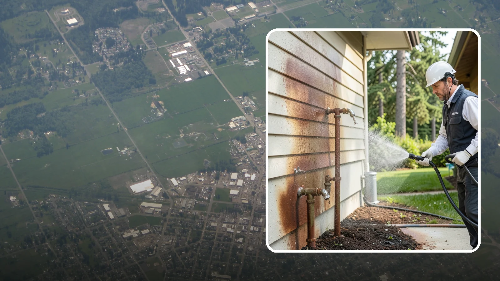 Irrigation Rust Removal in Enumclaw, King County, WA - Removal of rust stains left by sprinklers and iron-rich well water on concrete, siding, and fencing.
