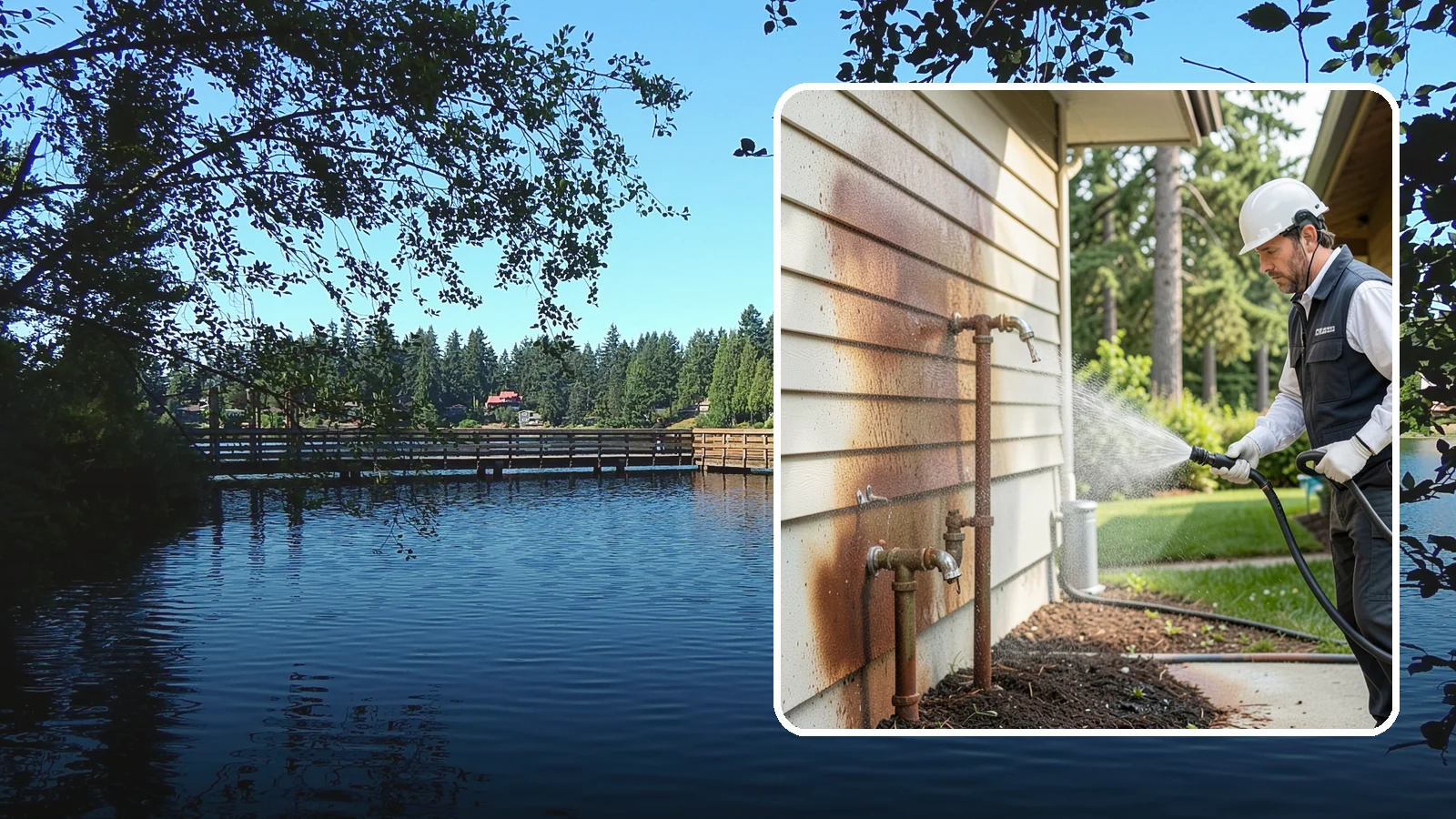 Irrigation Rust Removal in Federal Way, King County, WA - Removal of rust stains left by sprinklers and iron-rich well water on concrete, siding, and fencing.