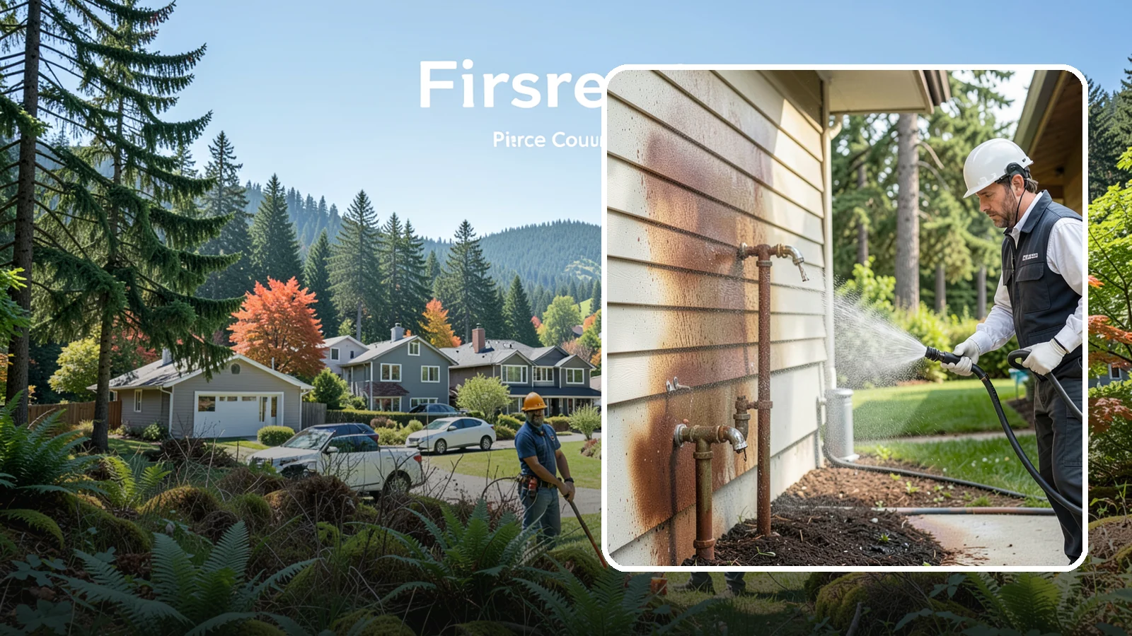 Irrigation Rust Removal in Fircrest, Pierce County, WA - Removal of rust stains left by sprinklers and iron-rich well water on concrete, siding, and fencing.