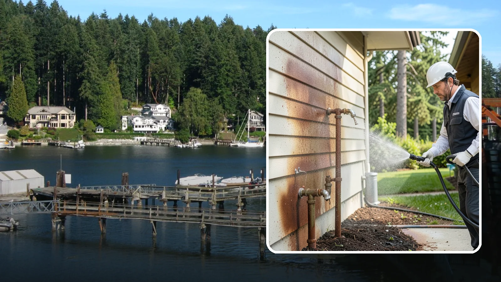 Irrigation Rust Removal in Gig Harbor, Pierce County, WA - Removal of rust stains left by sprinklers and iron-rich well water on concrete, siding, and fencing.
