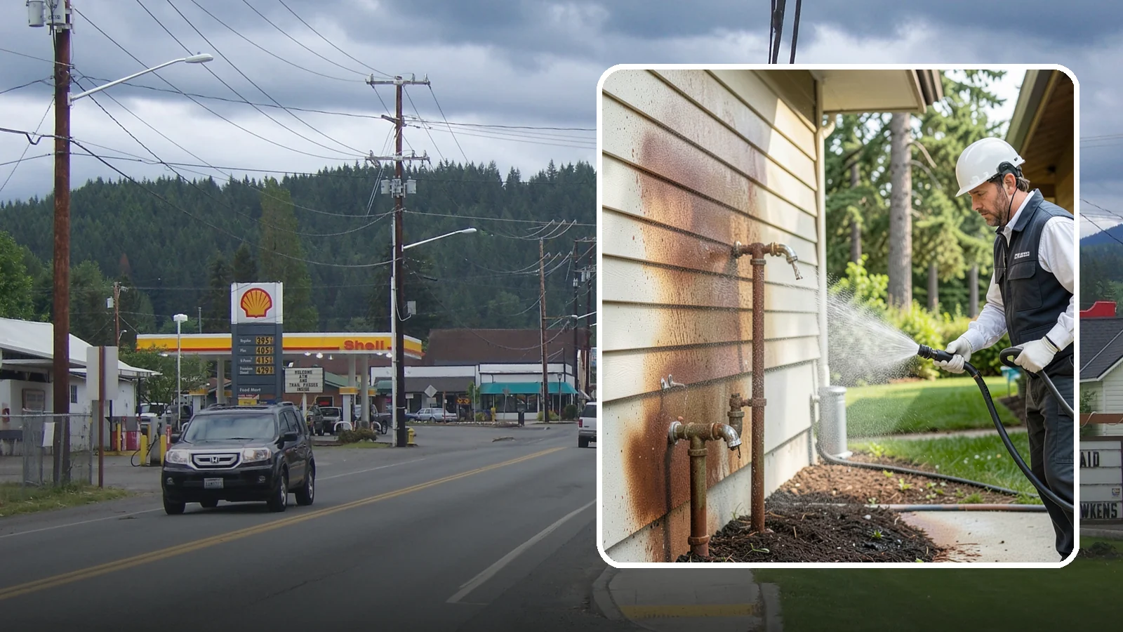 Irrigation Rust Removal in Granite Falls, Snohomish County, WA - Removal of rust stains left by sprinklers and iron-rich well water on concrete, siding, and fencing.
