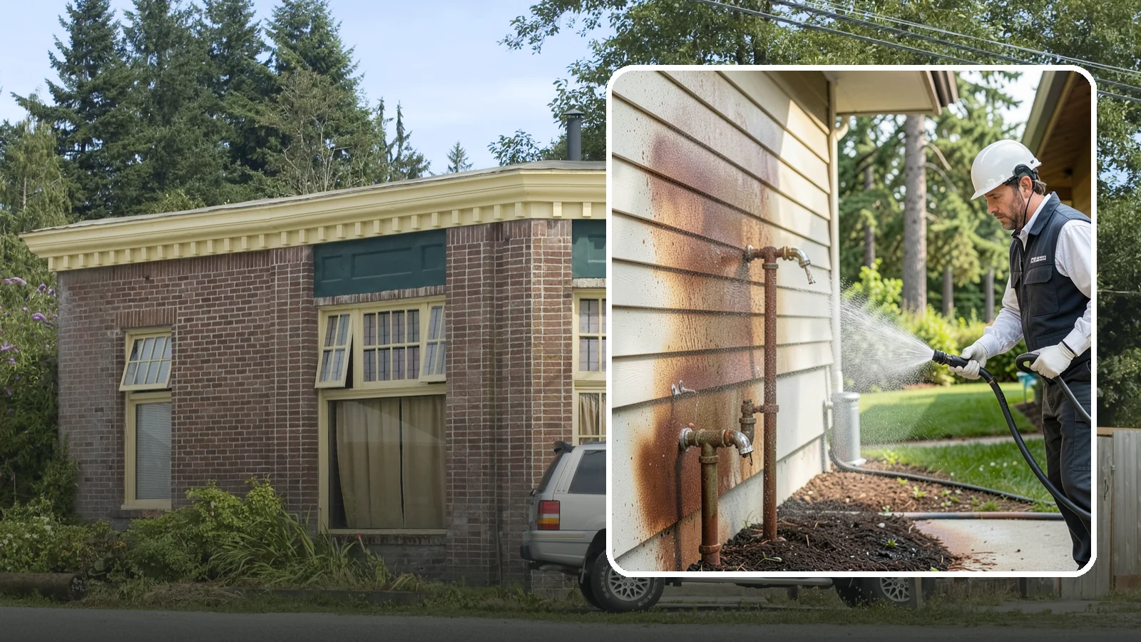 Irrigation Rust Removal in Hamilton, Skagit County, WA - Removal of rust stains left by sprinklers and iron-rich well water on concrete, siding, and fencing.