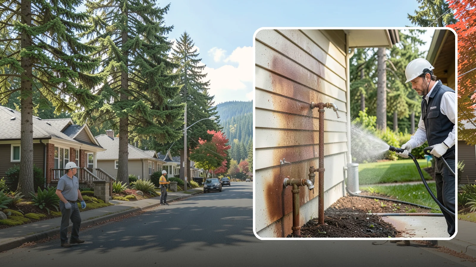 Irrigation Rust Removal in Hunts Point, King County, WA - Removal of rust stains left by sprinklers and iron-rich well water on concrete, siding, and fencing.