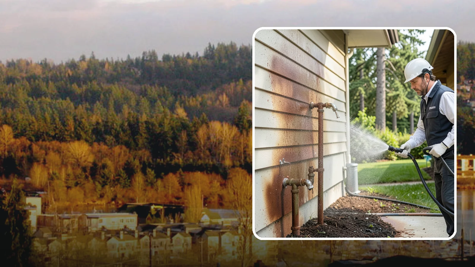 Irrigation Rust Removal in Kenmore, King County, WA - Removal of rust stains left by sprinklers and iron-rich well water on concrete, siding, and fencing.