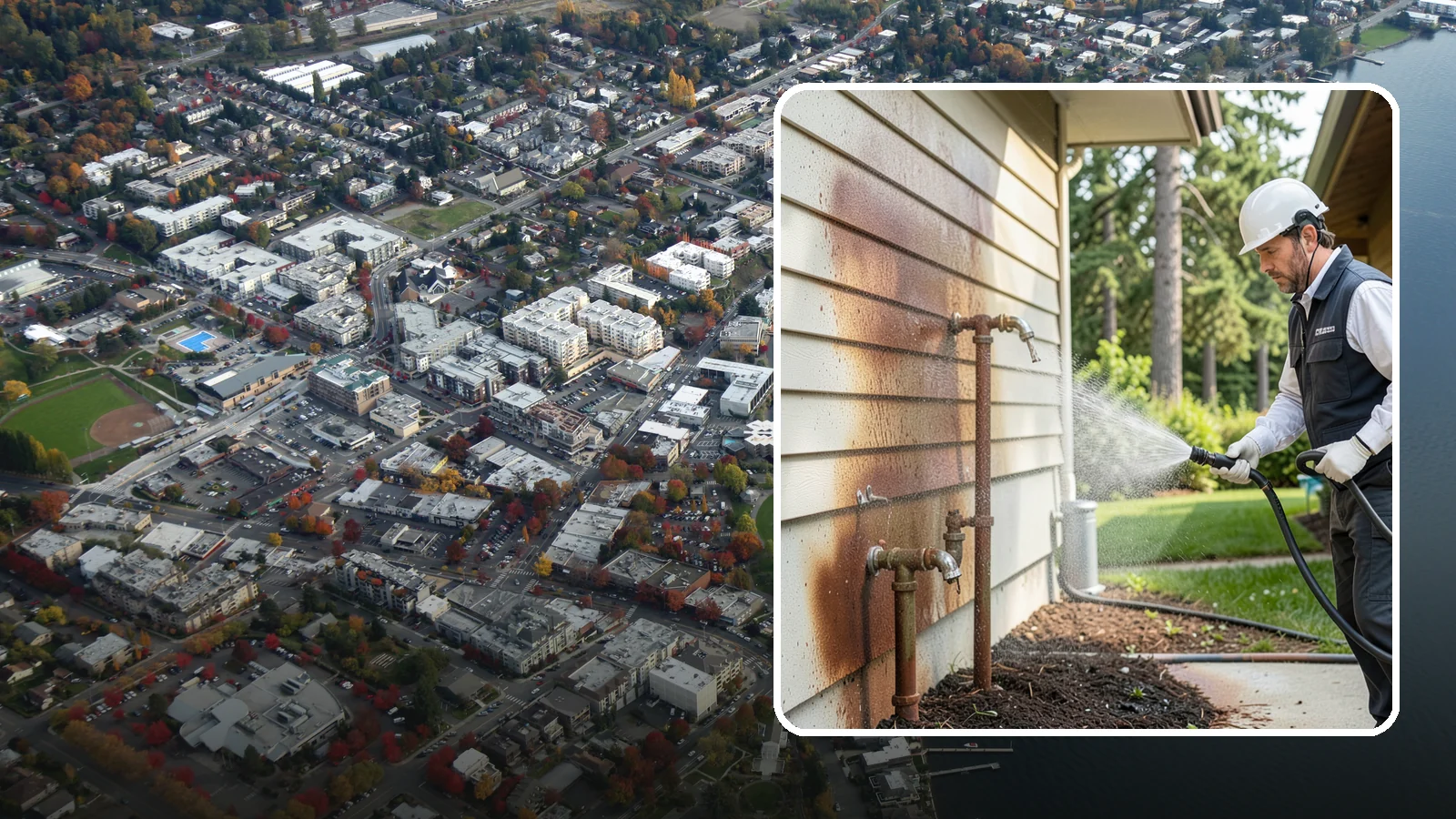 Irrigation Rust Removal in Kirkland, King County, WA - Removal of rust stains left by sprinklers and iron-rich well water on concrete, siding, and fencing.