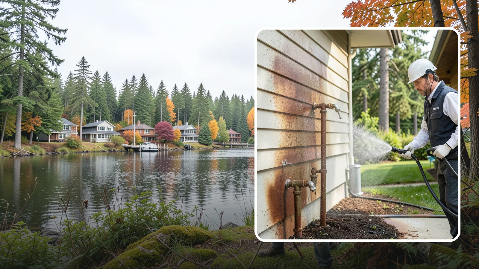 Irrigation Rust Removal in La Conner, Skagit County, WA - Removal of rust stains left by sprinklers and iron-rich well water on concrete, siding, and fencing.